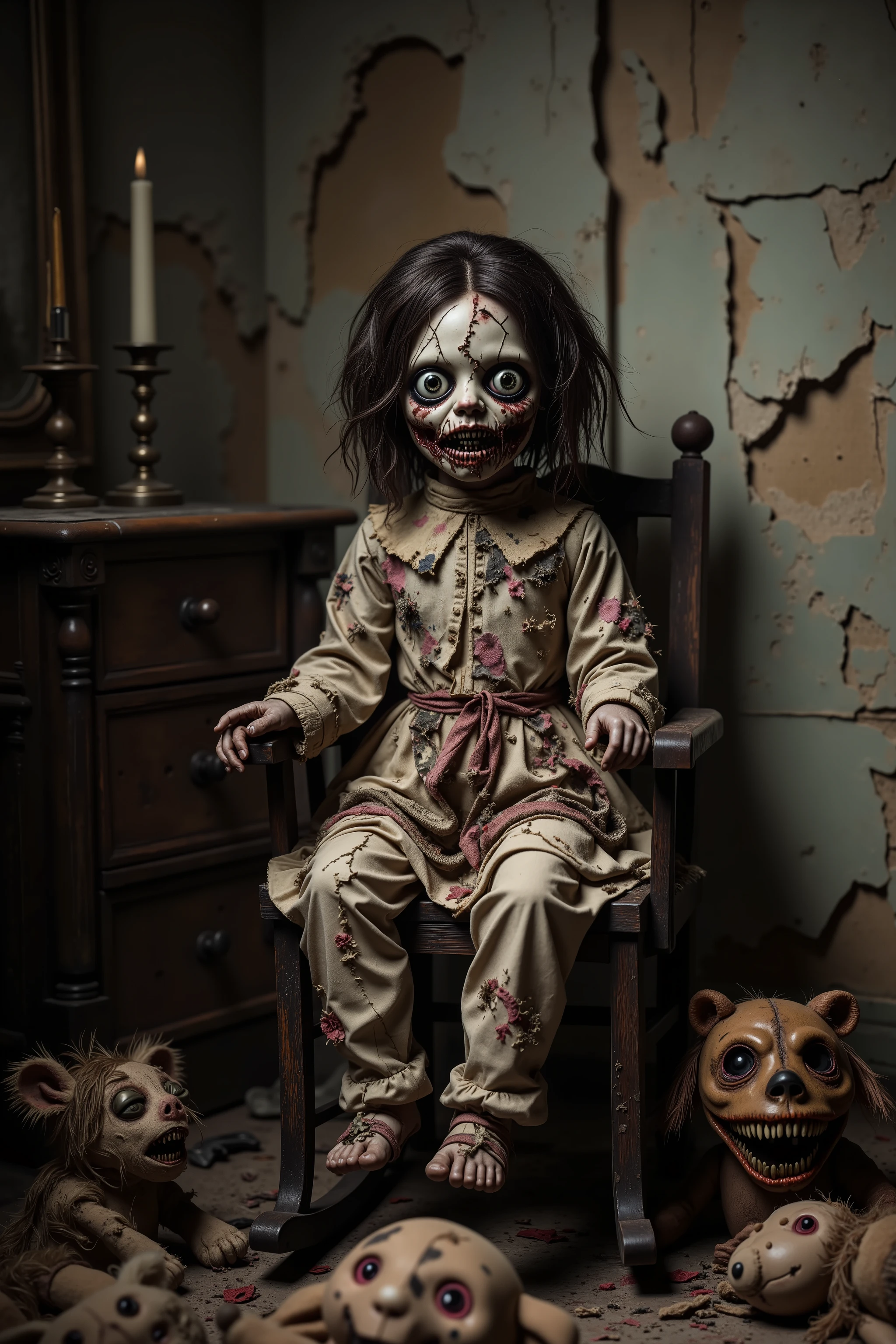 Lost in a sea of dispair and agony, a filthy disheveled morbid doll sits in a rocking chair in an old dirty bedroom with walls falling apart. Patches of dark hair on it's head it is made of torn, filth stained fabric, coming apart at the seams. It sits with its head in a swamp of sadness. In contrast, smaller stuffed animals try to cheer up the melancholy doll. They smile and clap their hands trying to shake the dolls empty stare. Startling scene. Horrific evil doll with devil eyes. A sad scene, with a touch of hope in sight. Macabre. Demonic, creepy doll. Iconic images. Depressing scenes. Photo-realistic, ultra-detailed, realism, portrait photography,cinematic portrait, cinematic photography, UHDR, full focus, highest quality, cinematic lighting, attention to detail,optical illusions, unique, cinematography, best quality, masterpiece.