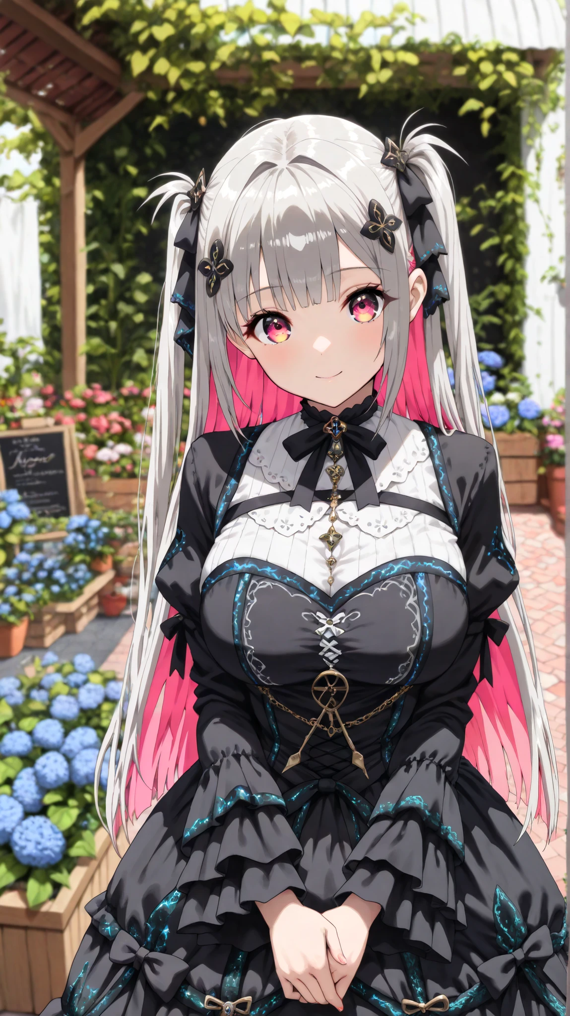 Anime girl with pink hair and black dress in front of flowers - SeaArt AI