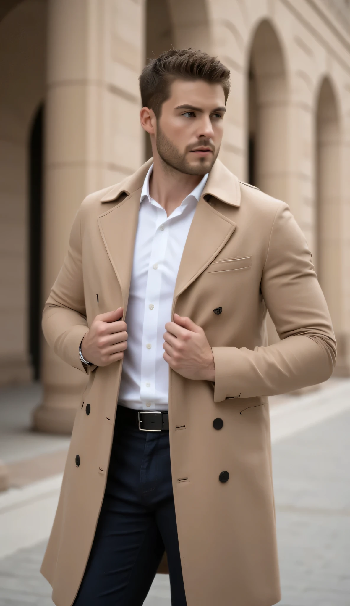 A stylish urban portrait of a man wearing a beige trench coat over a white shirt and dark trousers, adjusting the buttons with a confident pose, set against a backdrop of classical beige stone architecture,  realism, detailed, with soft natural light and a shallow depth of field, photorealistic style, ultra high-definition