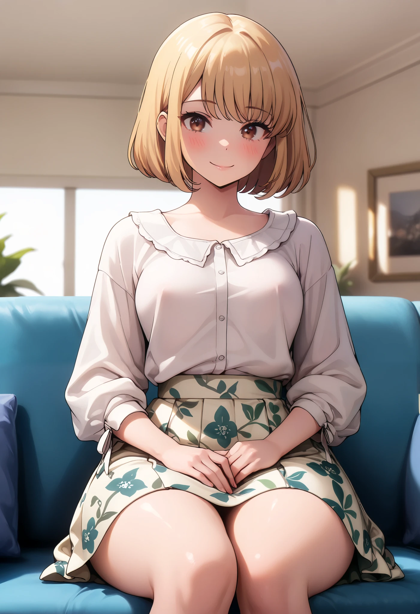 (((Highly detailed, sharp detail, vibrant colors, masterpiece, ultra-realistic, 8K, 4K, cinematic lighting, Extremely detailed, perfect hands, detailed eyes, absurdres, hires, highres, good hands, detailed hands, detailed background, detailed clothes, extreme detail)), (A slutty young female, super cute and beautiful,162 cm tall, wide hips, slightly thick thighs, small perky breasts), NSFW pose, (cha hae-in, brown eyes, blonde bob cut hair with strands framing her face, white blouse, long olive floral patterned skirt), (Cutesy, happy, big cute smile, sitting on couch, living room background, couch, perfect girlfriend), Solo Leveling and loving girlfriend theme, lustful and shy expression, NSFW, JK,