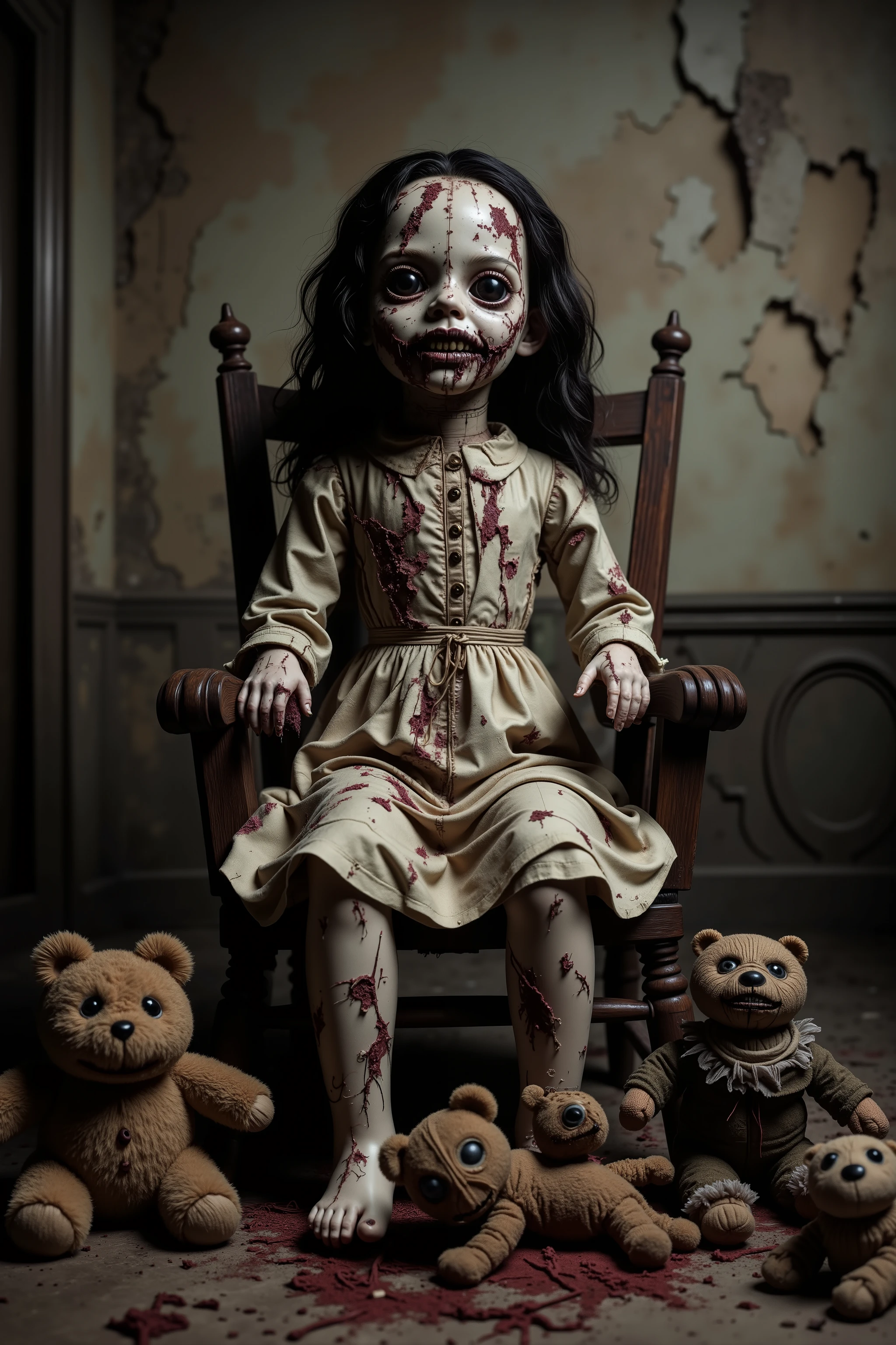 Lost in a sea of dispair and agony, a filthy disheveled morbid doll sits in a rocking chair in an old dirty bedroom with walls falling apart. Patches of dark hair on it's head it is made of torn, filth stained fabric, coming apart at the seams. It sits with its head in a swamp of sadness. In contrast, smaller stuffed animals try to cheer up the melancholy doll. They smile and clap their hands trying to shake the dolls empty stare. Startling scene. Horrific evil doll with devil eyes. A sad scene, with a touch of hope in sight. Macabre. Demonic, creepy doll. Iconic images. Depressing scenes. Photo-realistic, ultra-detailed, realism, portrait photography,cinematic portrait, cinematic photography, UHDR, full focus, highest quality, cinematic lighting, attention to detail,optical illusions, unique, cinematography, best quality, masterpiece.
