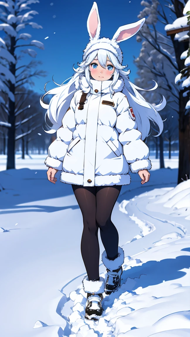 (masterpiece:1.2, best quality), 1girl, petite, young teen 12yo, slim, colorful down jacket, (white panties), long hair, smile, walk the street, winter, snow, white, bright, watercolor