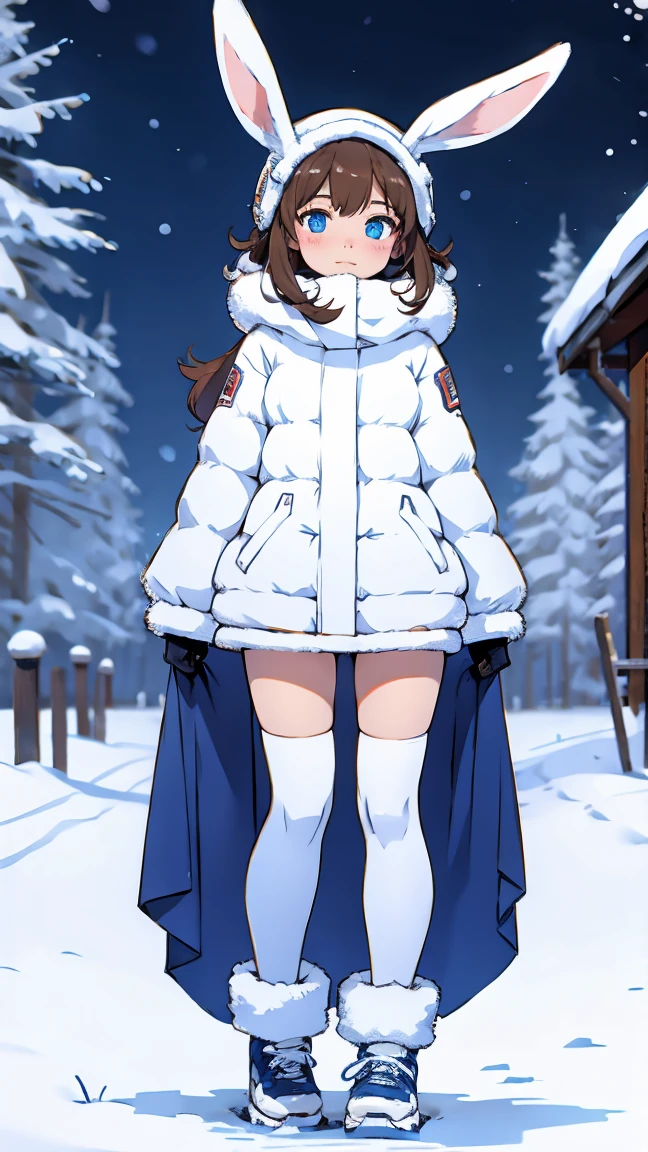 (masterpiece:1.2, best quality), 1girl, petite, young teen 12yo, slim, down jacket, open clothes, (white panties), naked breast, small breast, nipple, long hair, smile, walk the street, winter, snow, white, bright, watercolor