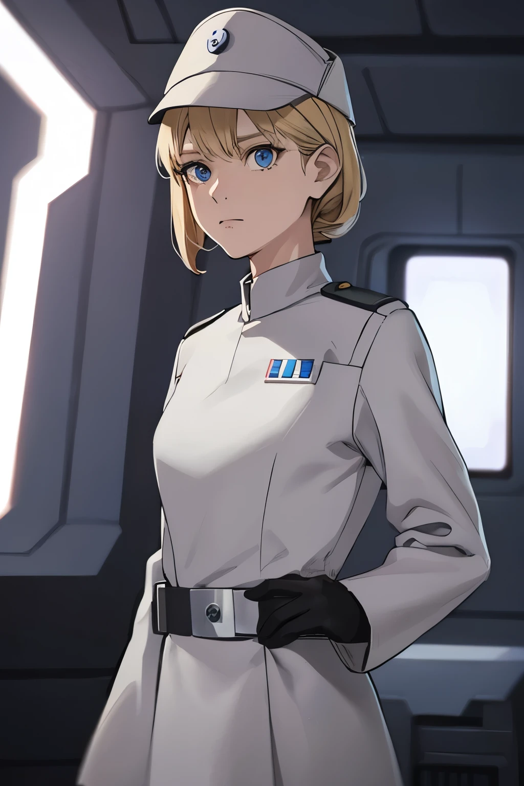 Star wars female 22 years old imperial officer, 1 girl, blue eyes , blond hair, closed mouth, white uniform , light skin
