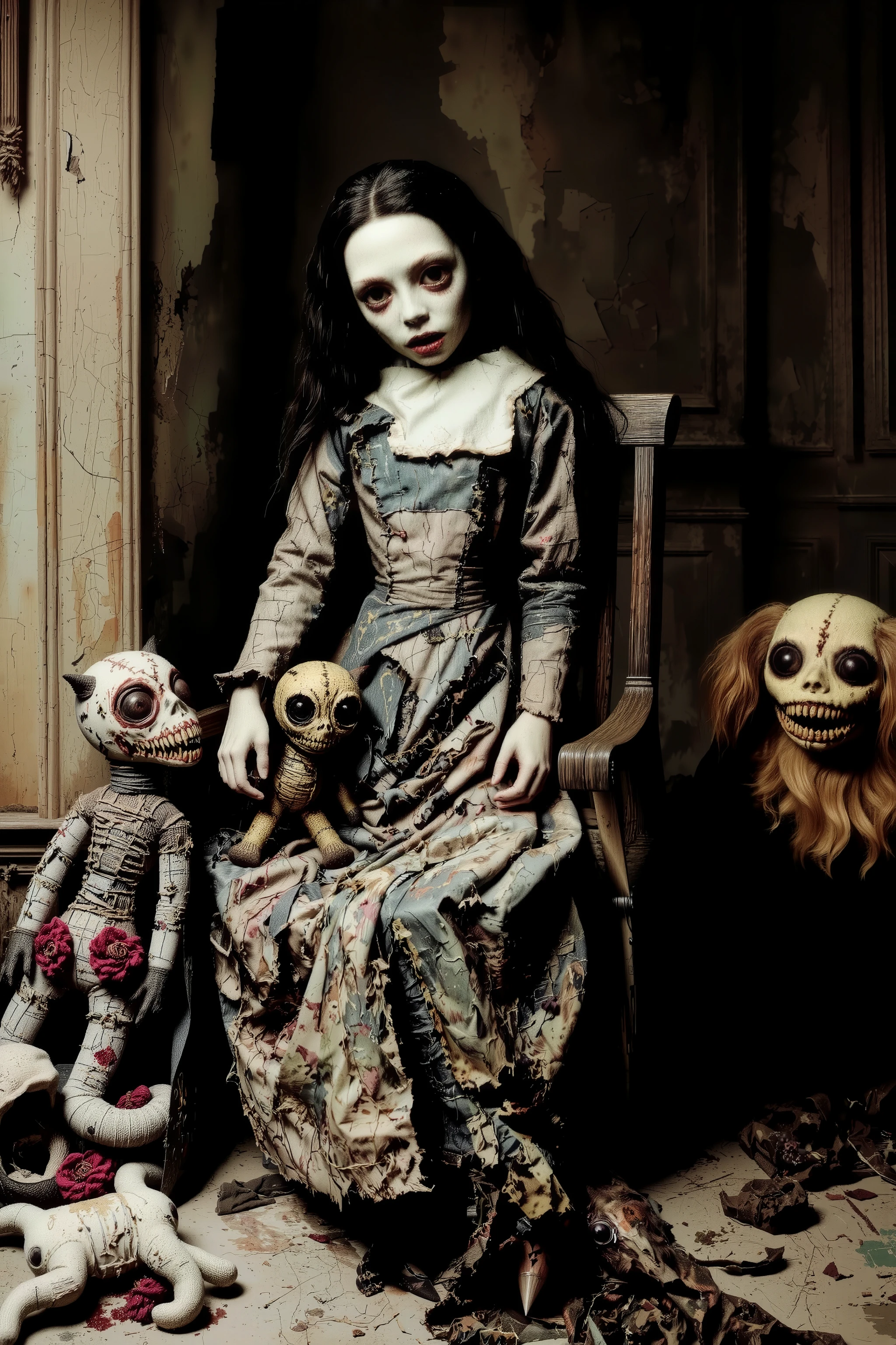 Lost in a sea of dispair and agony, a filthy disheveled morbid doll sits in a rocking chair in an old dirty bedroom with walls falling apart. Patches of dark hair on it's head it is made of torn, filth stained fabric, coming apart at the seams. It sits with its head in a swamp of sadness. In contrast, smaller stuffed animals try to cheer up the melancholy doll. They smile and clap their hands trying to shake the dolls empty stare. Startling scene. Horrific evil doll with devil eyes. A sad scene, with a touch of hope in sight. Macabre. Demonic, creepy doll. Iconic images. Depressing scenes. Photo-realistic, ultra-detailed, realism, portrait photography,cinematic portrait, cinematic photography, UHDR, full focus, highest quality, cinematic lighting, attention to detail,optical illusions, unique, cinematography, best quality, masterpiece.