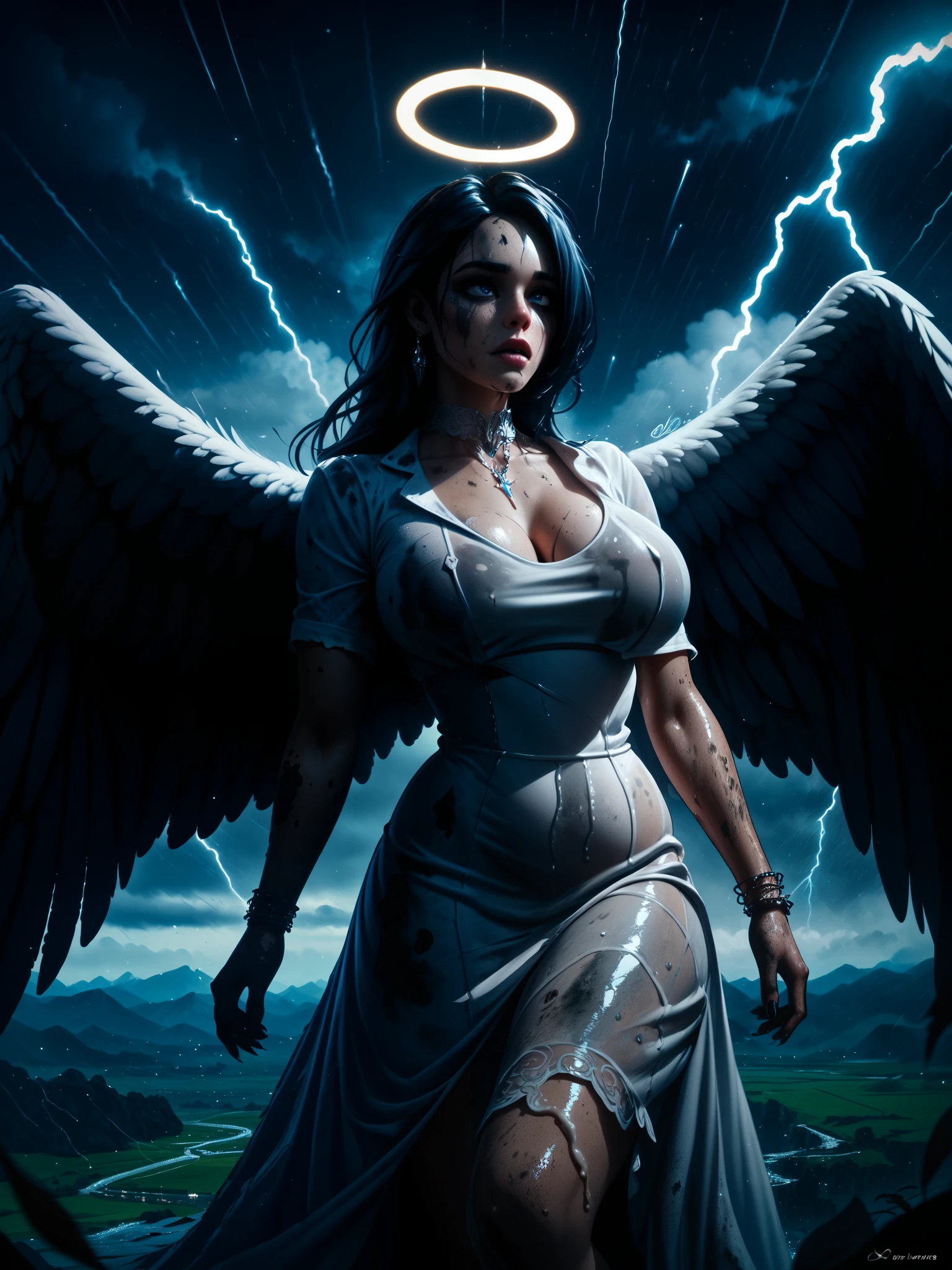 best quality, extreme Detail, female angel falls from heaven to earth , female angel has black wings , female angel loses black feathers , sky is dark, Black clouds , Thunderstorm, City, dirty , muddy, female angel wears thin white silk shirt, Female angel cries , female angel looks bad , female angel has big breasts , dress is dirty and dirty ,