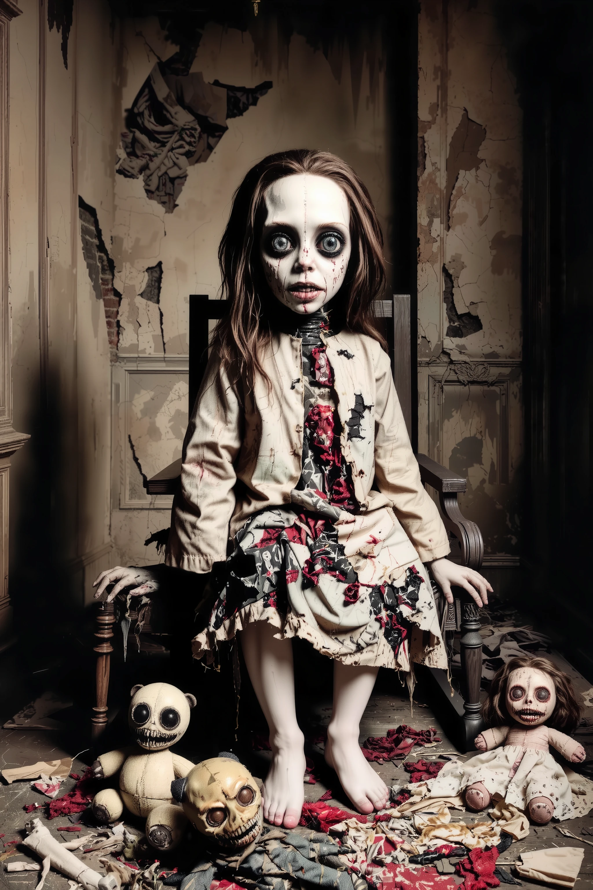 Lost in a sea of dispair and agony, a filthy disheveled morbid doll sits in a rocking chair in an old dirty bedroom with walls falling apart. Patches of dark hair on it's head it is made of torn, filth stained fabric, coming apart at the seams. It sits with its head in a swamp of sadness. In contrast, smaller stuffed animals try to cheer up the melancholy doll. They smile and clap their hands trying to shake the dolls empty stare. Startling scene. Horrific evil doll with devil eyes. A sad scene, with a touch of hope in sight. Macabre. Demonic, creepy doll. Iconic images. Depressing scenes. Photo-realistic, ultra-detailed, realism, portrait photography,cinematic portrait, cinematic photography, UHDR, full focus, highest quality, cinematic lighting, attention to detail,optical illusions, unique, cinematography, best quality, masterpiece.