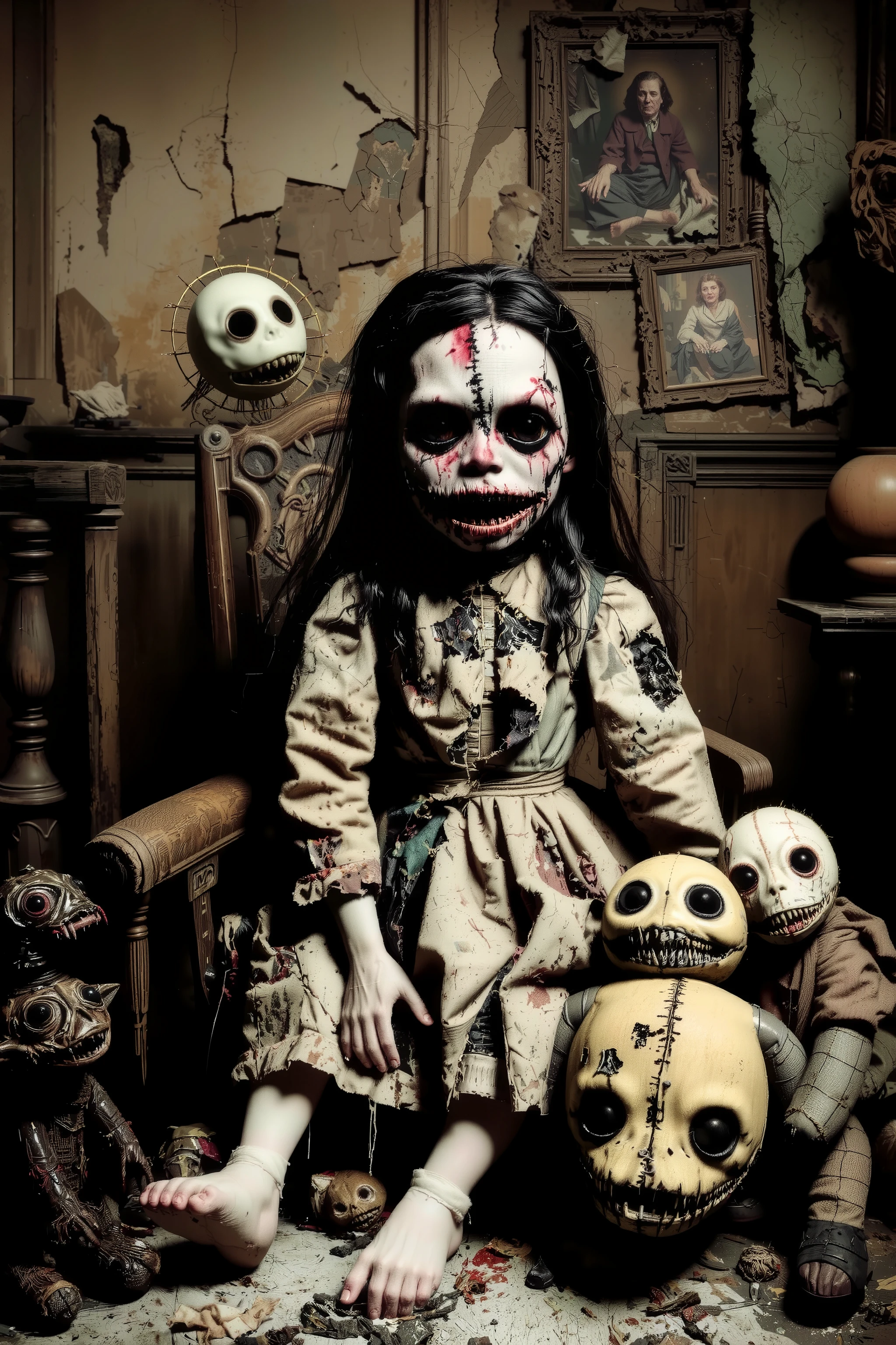 Lost in a sea of dispair and agony, a filthy disheveled morbid doll sits in a rocking chair in an old dirty bedroom with walls falling apart. Patches of dark hair on it's head it is made of torn, filth stained fabric, coming apart at the seams. It sits with its head in a swamp of sadness. In contrast, smaller stuffed animals try to cheer up the melancholy doll. They smile and clap their hands trying to shake the dolls empty stare. Startling scene. Horrific evil doll with devil eyes. A sad scene, with a touch of hope in sight. Macabre. Demonic, creepy doll. Iconic images. Depressing scenes. Photo-realistic, ultra-detailed, realism, portrait photography,cinematic portrait, cinematic photography, UHDR, full focus, highest quality, cinematic lighting, attention to detail,optical illusions, unique, cinematography, best quality, masterpiece.
