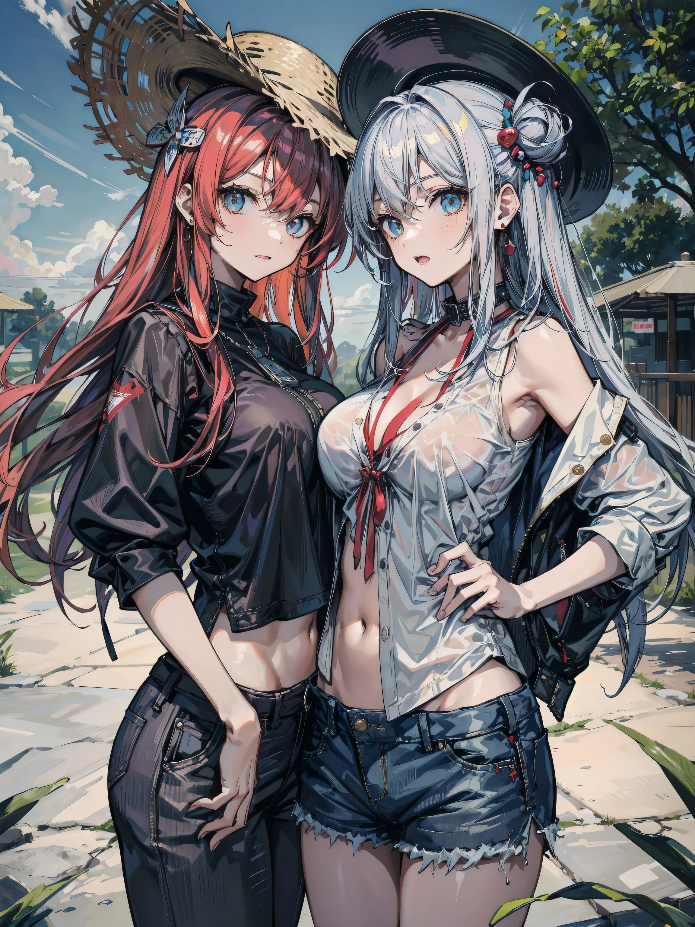 ((two beautiful women : 1.2)), ((Model pose with backs to each other : 1.2)), ((Identical twin high school girl sisters : 1.2)), ((The older sister on the left is a bad student and has fierce eyes. : 1.3)), ((black cutout crop top :1.3)), ((micro denim short pants : 1.3)), ((red long straight hair : 1.3)), ((golden amber eyes : 1.2)), ((massive rune spell tattoos : 1.4)), ((skinny body : 1.3)), ((small breast : 1.2)), / ((The younger brother on the right is a passionate student and has righteous eyes. : 1.3)), ((white cutout crop top : 1.2)), ((damaged long denim jeans : 1.4)), ((red long straight hair : 1.2)), ((golden amber eyes : 1.2)), ((massive rune spell tattoos : 1.4)), ((skinny body : 1.2)), ((small breast : 1.05)), / ((Detailed urban street background : 1.2)), 