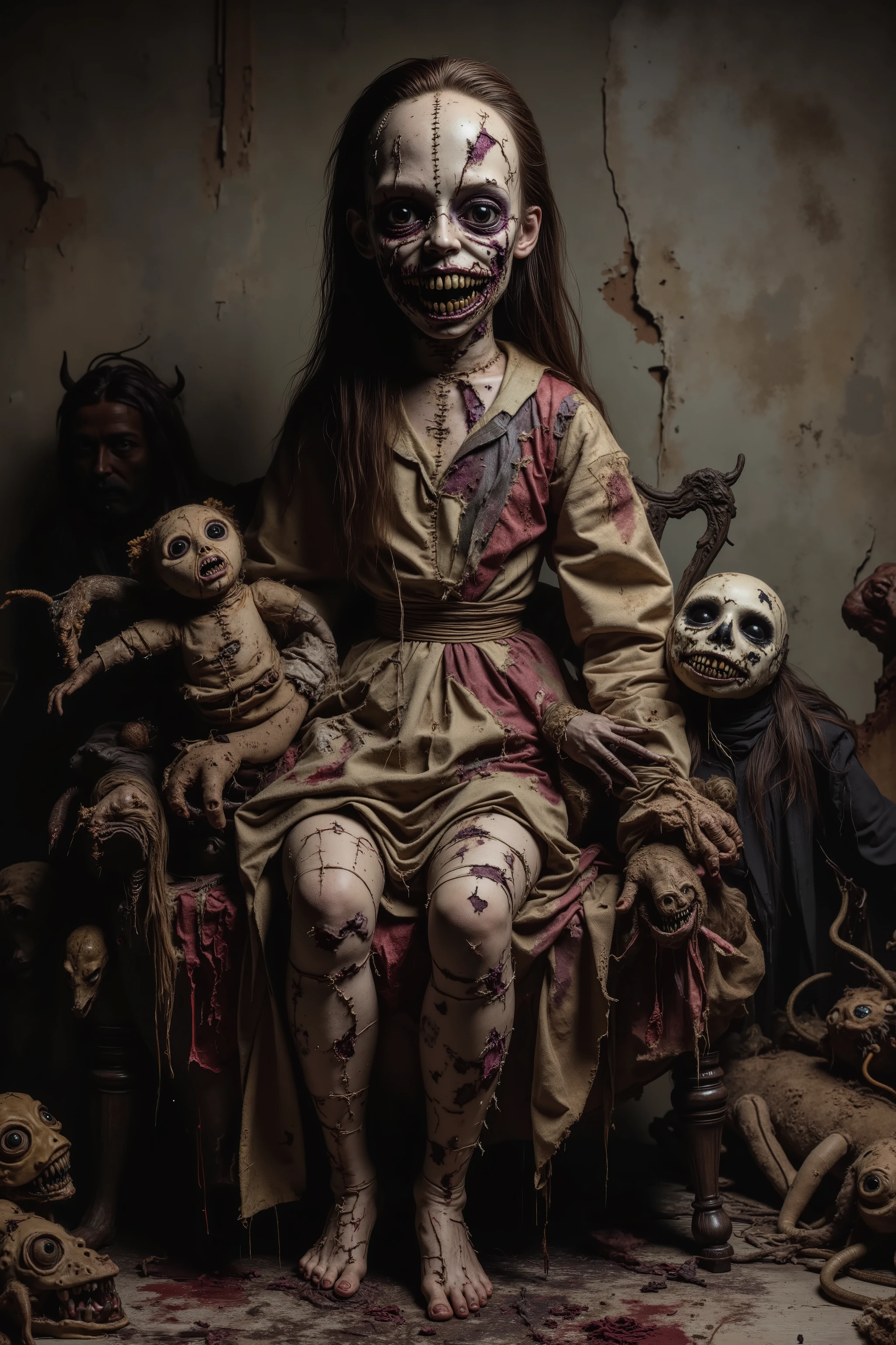 Lost in a sea of dispair and agony, a filthy disheveled morbid doll sits in a rocking chair in an old dirty bedroom with walls falling apart. Patches of dark hair on it's head it is made of torn, filth stained fabric, coming apart at the seams. It sits with its head in a swamp of sadness. In contrast, smaller stuffed animals try to cheer up the melancholy doll. They smile and clap their hands trying to shake the dolls empty stare. Startling scene. Horrific evil doll with devil eyes. A sad scene, with a touch of hope in sight. Macabre. Demonic, creepy doll. Iconic images. Depressing scenes. Photo-realistic, ultra-detailed, realism, portrait photography,cinematic portrait, cinematic photography, UHDR, full focus, highest quality, cinematic lighting, attention to detail,optical illusions, unique, cinematography, best quality, masterpiece.