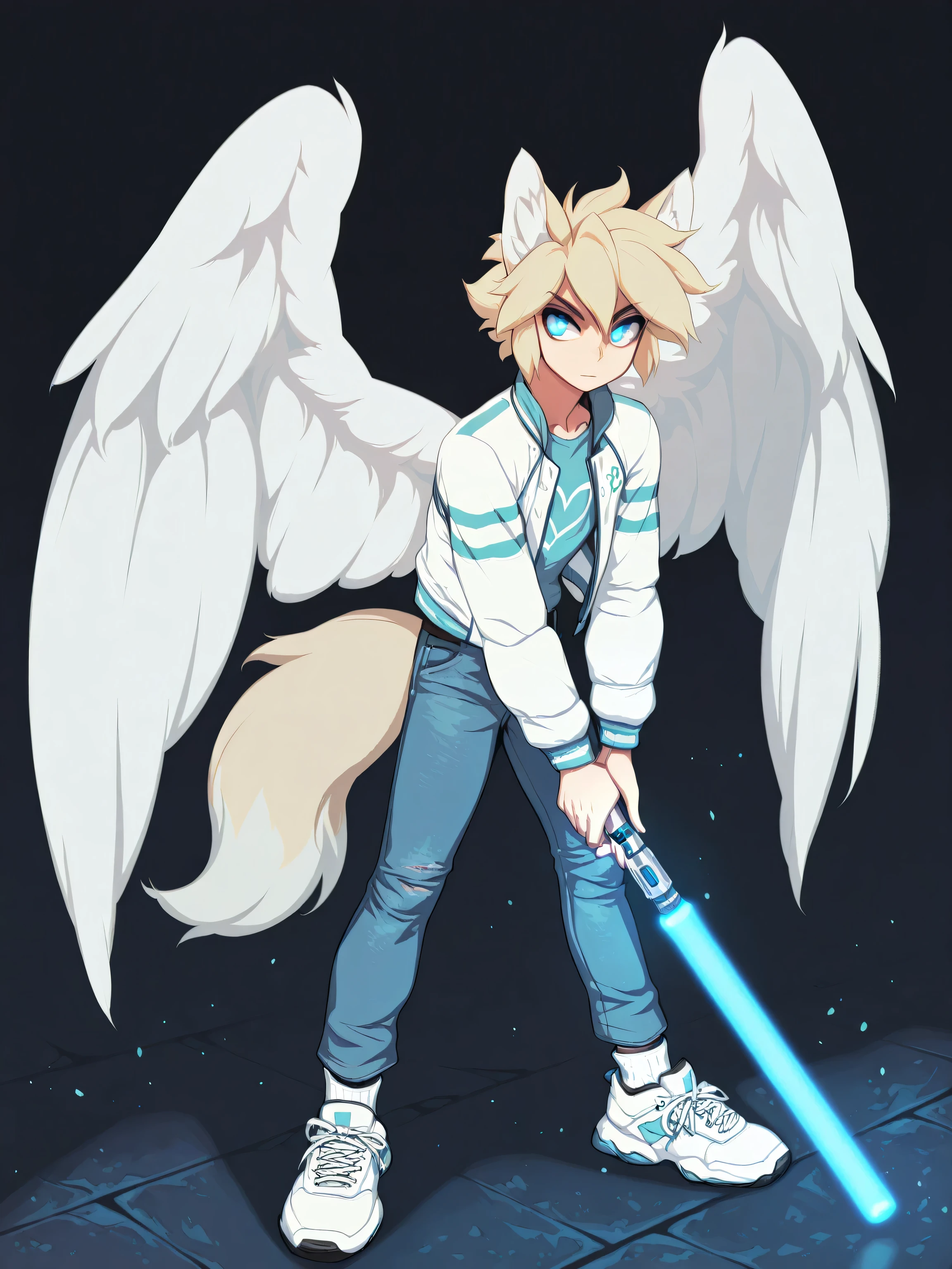 1male, calm, blue lightsaber, combat stance, average height, blonde hair, blonde wolf ears, blonde wolf tail, white large wings, blue eyes, blue shirt, white jacket, blue jeans, white shoes, white socks, (masterpiece), best quality, expressive eyes, perfect face, ,score_9, score_8_up, score_7_up,source_anime,BREAK