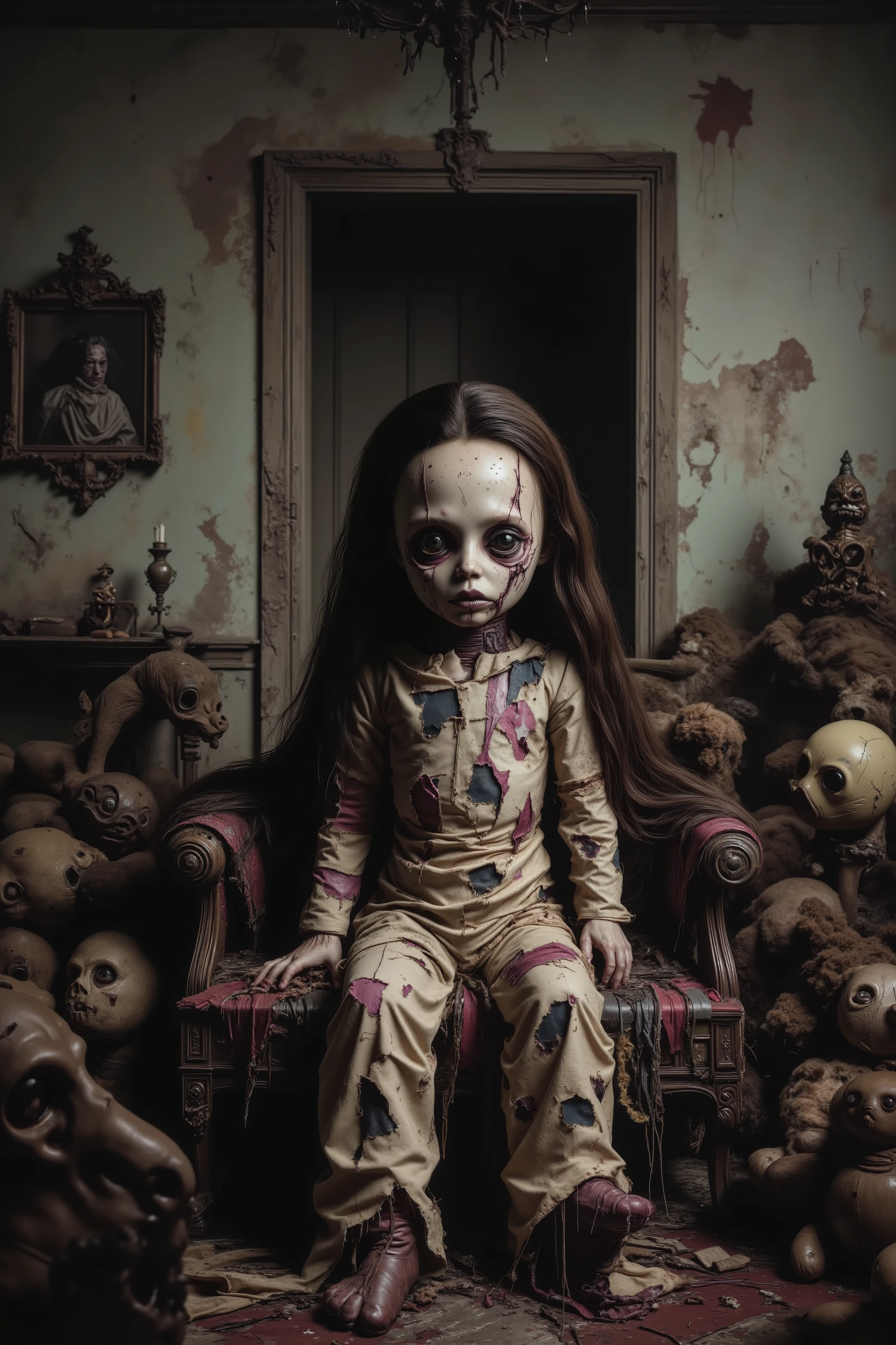 Old lonely bedroom. Walls falling apart. Filthy run down room with toys. One large sad, creepy, morbid, disgusting rag of a doll sitting in a chair. Patches of dark hair on it's head. Torn, dirty fabric, coming apart at the seams, it is lost in a horrible sea of dispair. Lost in the swamp of sadness. Smaller stuffed animals try to cheer up the melancholy doll. Startling scene. Horrific evil doll with devil eyes. A sad scene, with a touch of hope in sight. Macabre. Demonic, creepy doll. Iconic images. Depressing scenes. Photo-realistic, ultra-detailed, realism, portrait photography,cinematic portrait, cinematic photography, UHDR, full focus, highest quality, cinematic lighting, attention to detail,optical illusions, unique, cinematography, best quality, masterpiece.
