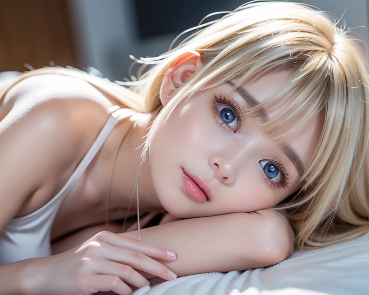 ((Realistic lighting、top-quality、8K、masterpiece:1.3))、Clear focus:1.2、1girl in、Pretty Face、The most beautiful girl in the world、beauty with perfect body:1.4、Slim abs:1.1、((platinum-blonde-hair、Colossal tits:1.3))、(Wearing ultra-thin white lace underwear:1.4、Gray stockings:1.2、)、(outside of house、Daytime:1.1)、the city street、Super fine face、Narrow-eyed、二重まぶた、Put your hands on your head、(lying on one's side on bed:1.4)、Open your crotch、Seduce me with a sexual expression、Detailed mouth、16-year-old Westerner、Short face、Beautiful light gray eyes that sparkle、Small face beauty、with round face、White beautiful skin、Teak Gloss、glowy skin、long bangs between eyes,、