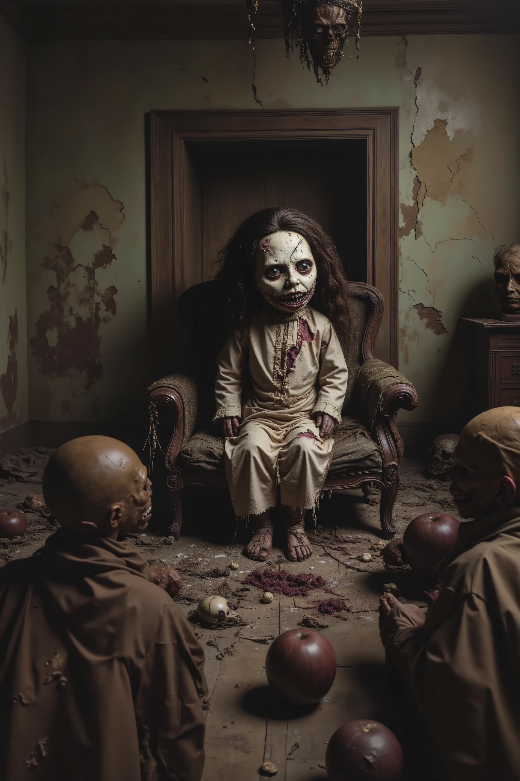 Old lonely bedroom. Walls falling apart. Filthy run down room with toys. One large sad, creepy, morbid, disgusting rag of a doll sitting in a chair. Patches of dark hair on it's head. Torn, dirty fabric, coming apart at the seams, it is lost in a horrible sea of dispair. Lost in the swamp of sadness. Smaller stuffed animals try to cheer up the melancholy doll. Startling scene. Horrific evil doll with devil eyes. A sad scene, with a touch of hope in sight. Macabre. Demonic, creepy doll. Iconic images. Depressing scenes. Photo-realistic, ultra-detailed, realism, portrait photography,cinematic portrait, cinematic photography, UHDR, full focus, highest quality, cinematic lighting, attention to detail,optical illusions, unique, cinematography, best quality, masterpiece.
