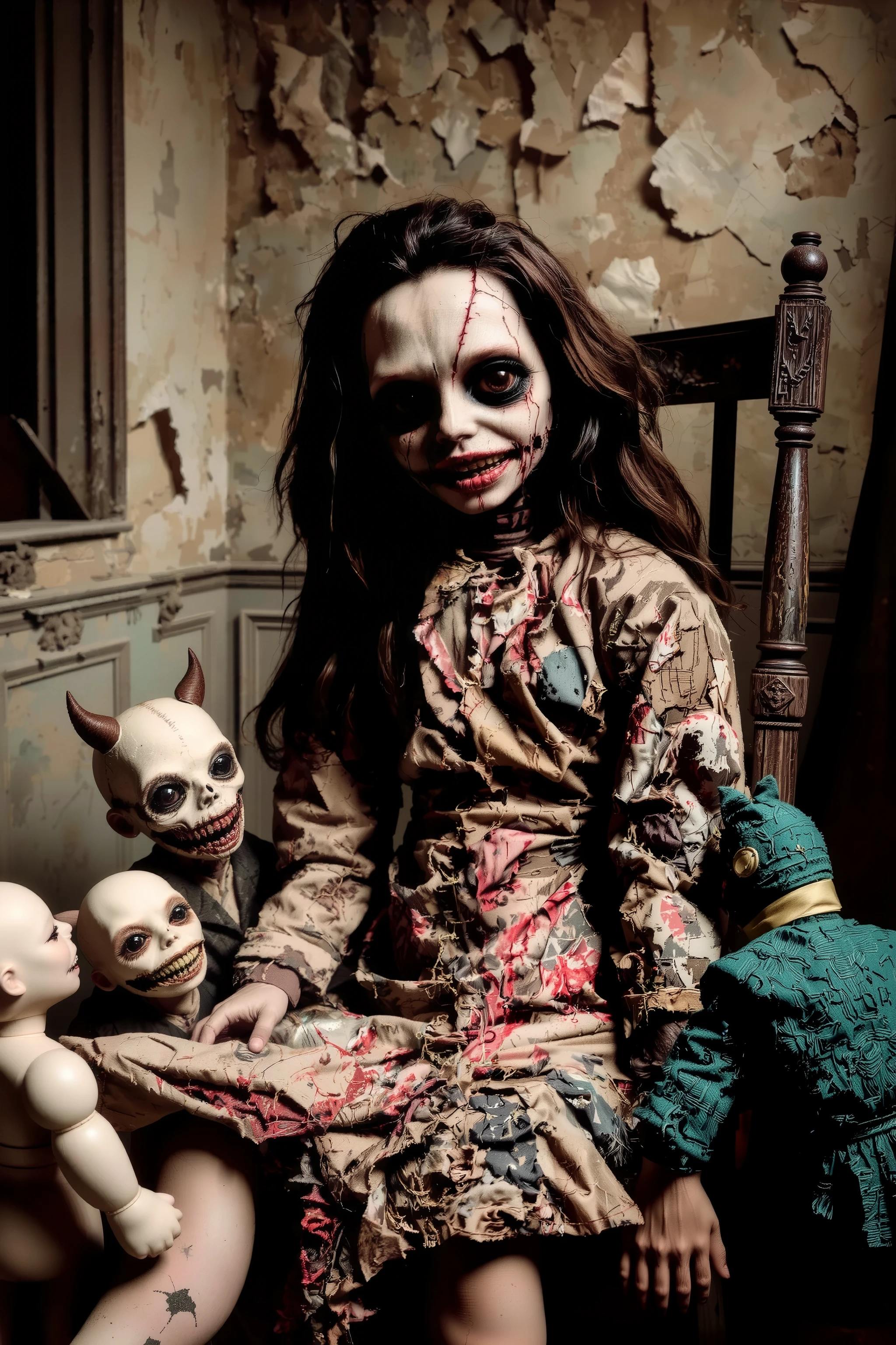 Lost in a sea of dispair and agony, a filthy disheveled morbid doll sits in a rocking chair in an old dirty bedroom with walls falling apart. Patches of dark hair on it's head it is made of torn, filth stained fabric, coming apart at the seams. It sits with its head in a swamp of sadness. In contrast, smaller stuffed animals try to cheer up the melancholy doll. They smile and clap their hands trying to shake the dolls empty stare. Startling scene. Horrific evil doll with devil eyes. A sad scene, with a touch of hope in sight. Macabre. Demonic, creepy doll. Iconic images. Depressing scenes. Photo-realistic, ultra-detailed, realism, portrait photography,cinematic portrait, cinematic photography, UHDR, full focus, highest quality, cinematic lighting, attention to detail,optical illusions, unique, cinematography, best quality, masterpiece.
