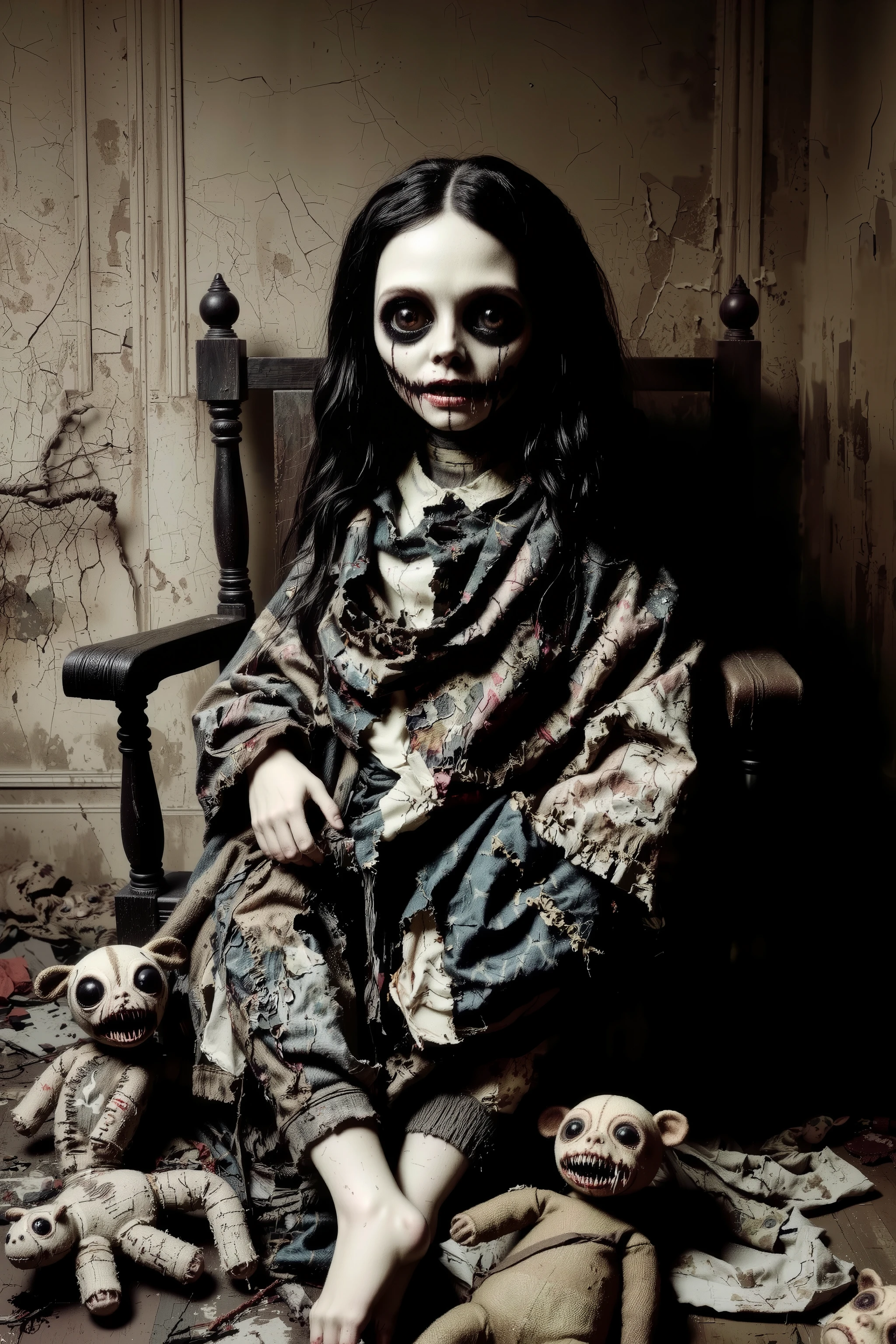 Lost in a sea of dispair and agony, a filthy disheveled morbid doll sits in a rocking chair in an old dirty bedroom with walls falling apart. Patches of dark hair on it's head it is made of torn, filth stained fabric, coming apart at the seams. It sits with its head in a swamp of sadness. In contrast, smaller stuffed animals try to cheer up the melancholy doll. They smile and clap their hands trying to shake the dolls empty stare. Startling scene. Horrific evil doll with devil eyes. A sad scene, with a touch of hope in sight. Macabre. Demonic, creepy doll. Iconic images. Depressing scenes. Photo-realistic, ultra-detailed, realism, portrait photography,cinematic portrait, cinematic photography, UHDR, full focus, highest quality, cinematic lighting, attention to detail,optical illusions, unique, cinematography, best quality, masterpiece.