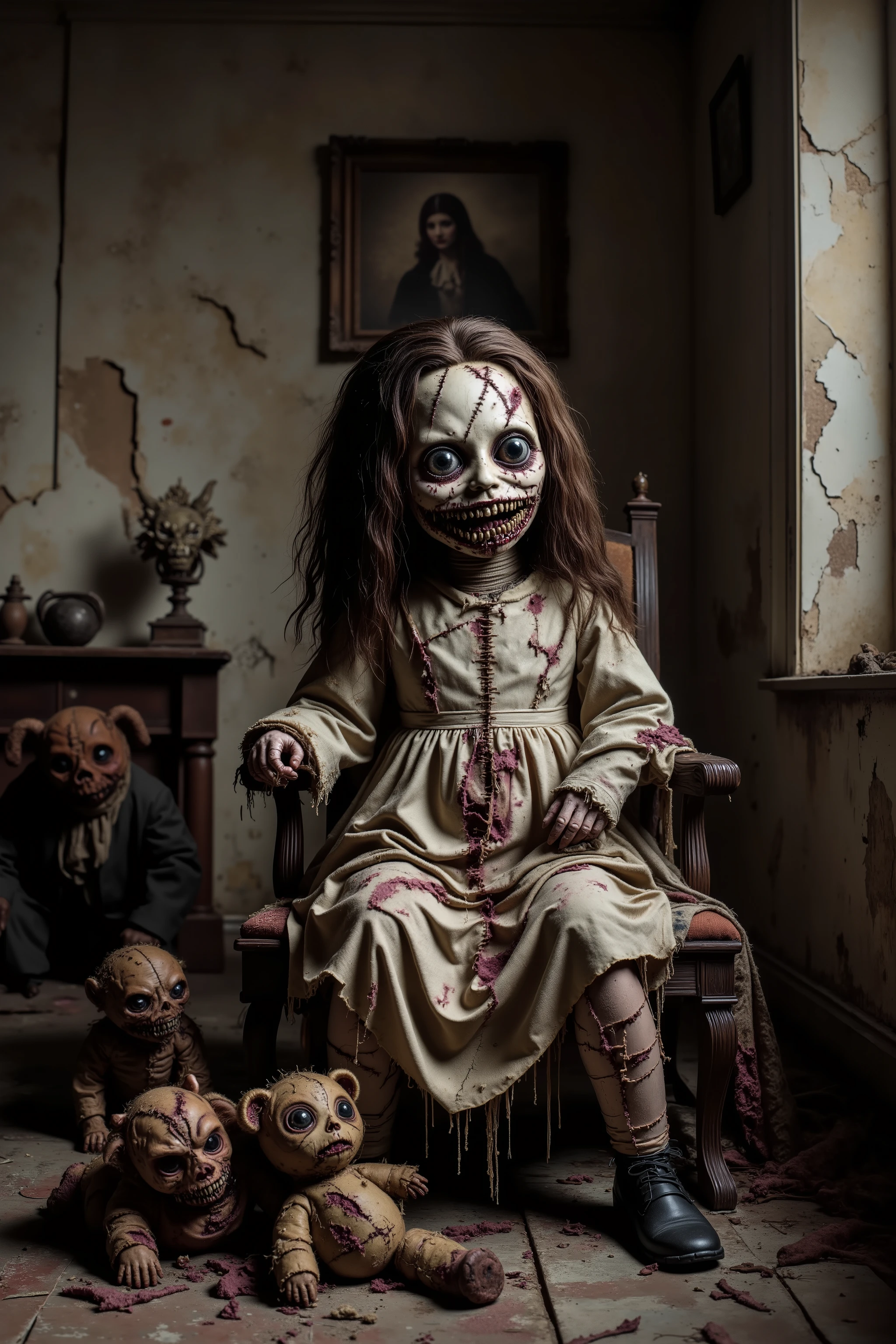 Lost in a sea of dispair and agony, a filthy disheveled morbid doll sits in a rocking chair in an old dirty bedroom with walls falling apart. Patches of dark hair on it's head it is made of torn, filth stained fabric, coming apart at the seams. It sits with its head in a swamp of sadness. In contrast, smaller stuffed animals try to cheer up the melancholy doll. They smile and clap their hands trying to shake the dolls empty stare. Startling scene. Horrific evil doll with devil eyes. A sad scene, with a touch of hope in sight. Macabre. Demonic, creepy doll. Iconic images. Depressing scenes. Photo-realistic, ultra-detailed, realism, portrait photography,cinematic portrait, cinematic photography, UHDR, full focus, highest quality, cinematic lighting, attention to detail,optical illusions, unique, cinematography, best quality, masterpiece.