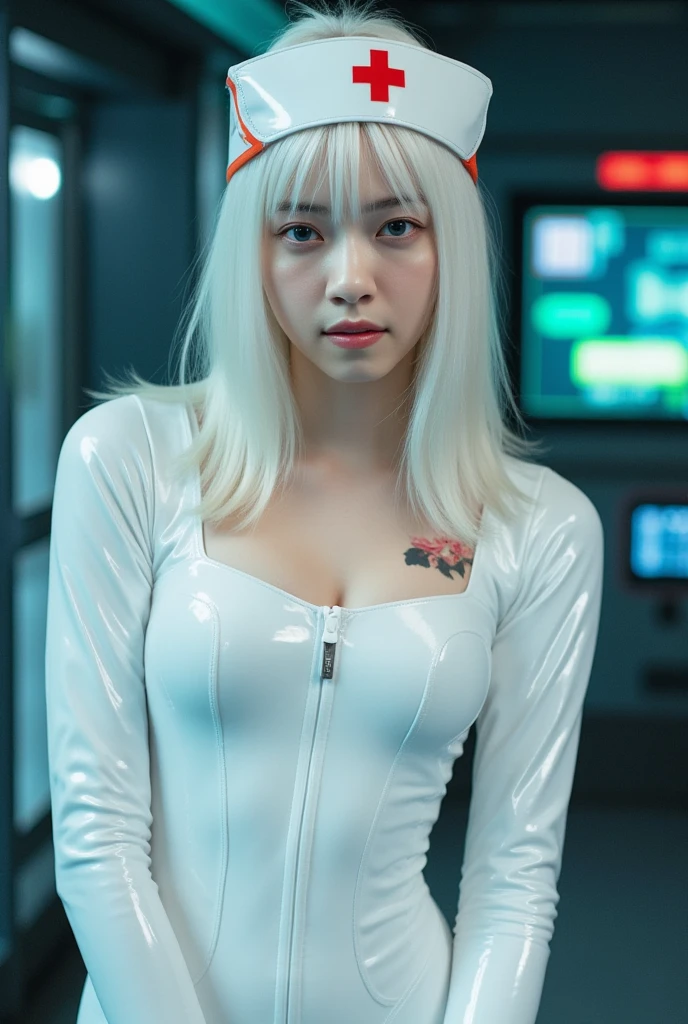 (8k, RAW photo, best quality, masterpiece:1.2), (realistic, photo-realistic:1.37), ultra-detailed, wallpaper, 1girl, cute, look-like (Watanabe-Mayu), detailed face, (cyborg eye), (shag short hair),(complex 3d render ultra detailed of a sci-fi white-iron suit:1.2), (android face:1), (cyborg), (robotic parts), (luxurious cyberpunk), (hyperrealistic), (anatomical), (cable electric wires), (microchip), (robot), (silver halmet), (Sit upright in an office chair), (full-body:1), detailed office, morning, professional lighting, cinematic lighting, photon mapping, radiosity, physically-based rendering, <lora:japaneseDollLikeness_v10:0.5>