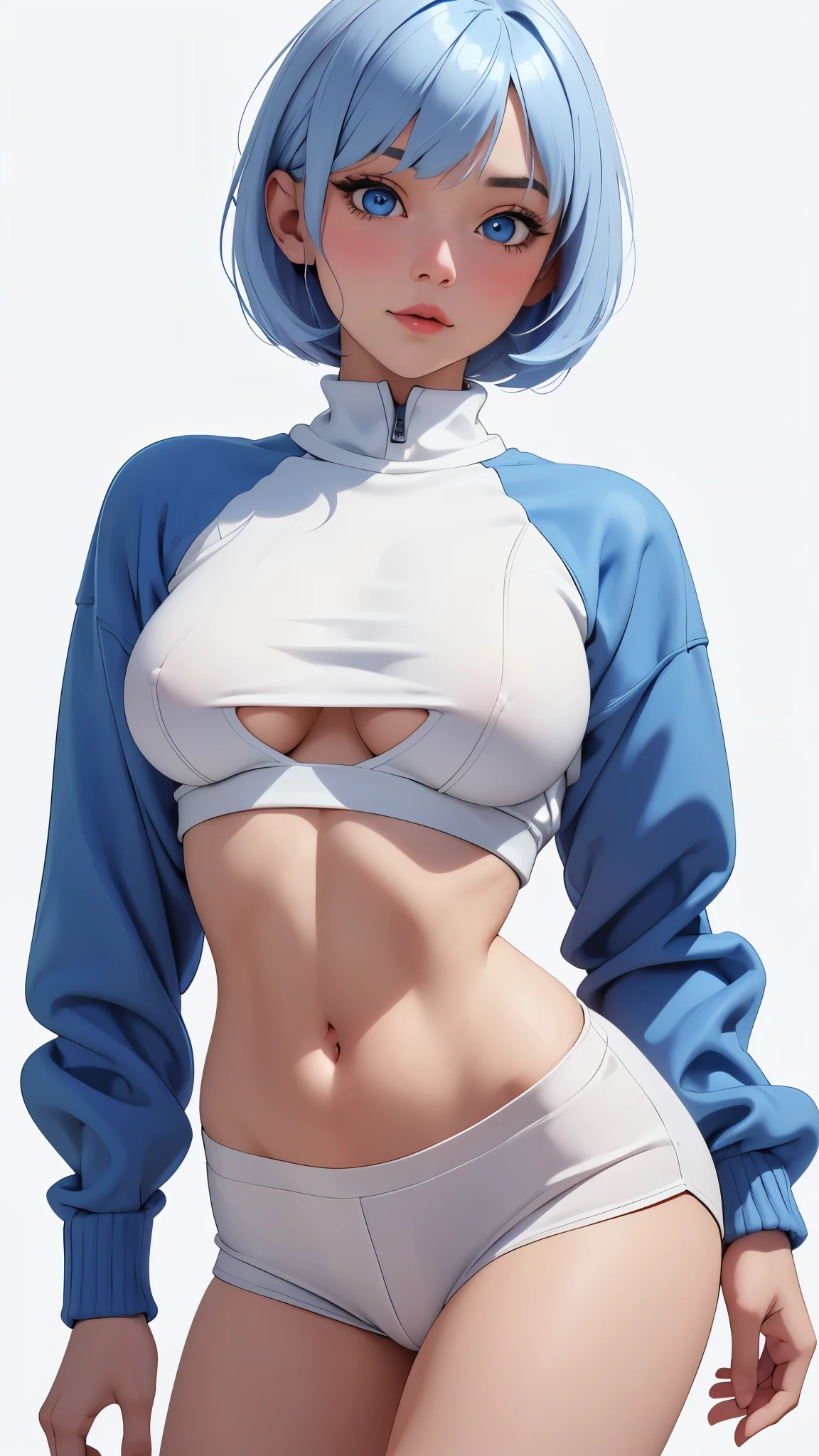medium firm breasts, busty beautiful ((1cute and beautiful girl, blue eyes)), ((multicolored bob yellow hair with bangs))extremely sexy body, (leggings, long sleeve blouse)), ((leggings))), shy smile, blush, (looking at viewer), in beautiful romantic in the house