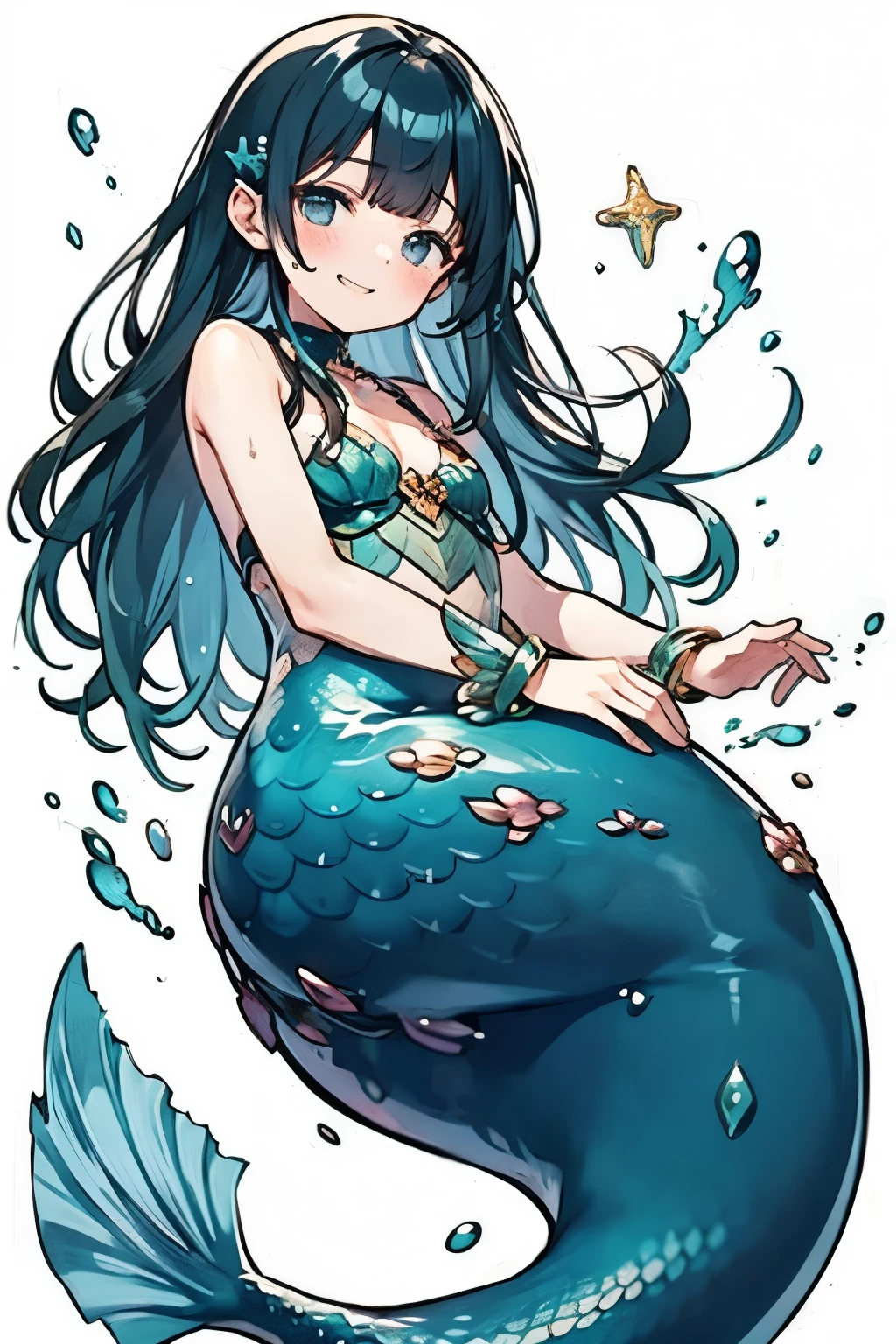 Masterpiece, best quality, expressive eyes, perfect face, mermaid, 1girl, monster girl, solo, head fins, long hair, breasts, blue hair, star hair ornament, navel, shell bikini, white background, shell, smile, hair ornament, simple background
