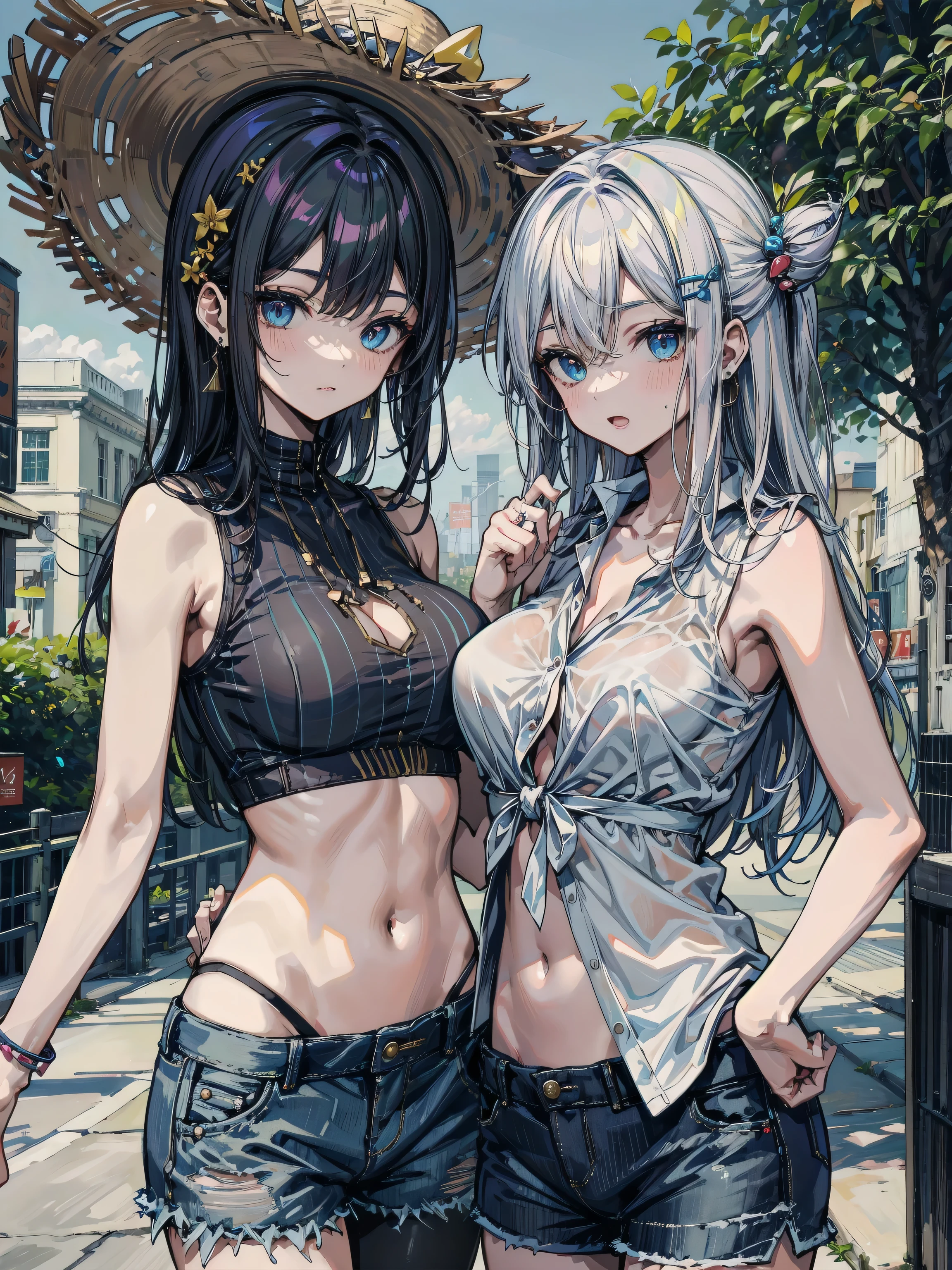 (2heads:1.2), 1girl, conjoined twins, Ahri wearing a casual light grey hoodie,short jeans, beautiful detailed eyes, smiling face, longeyelashes, her tails forming a heart shape behind her, standing on a sidewalk, sun shining, vivid colors, photo-realistic, portraits, medium:illustration. (best quality,ultra-detailed,HDR,colorful vivid appearance,studio lighting)