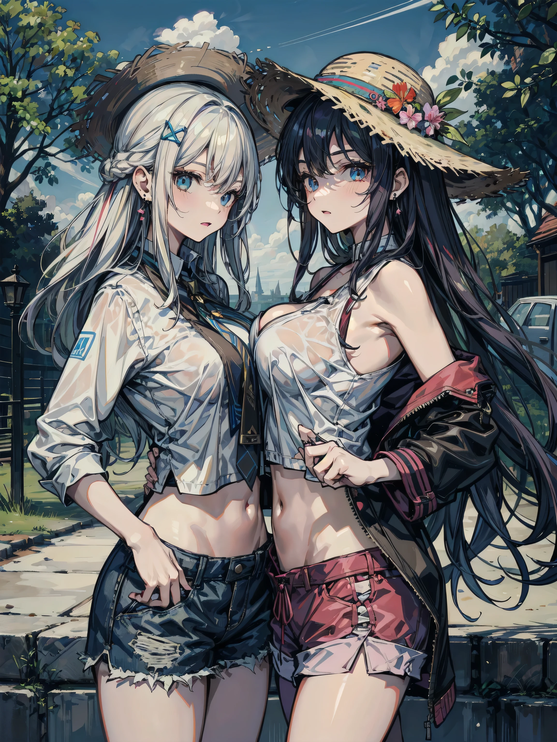 absurdres, RAW photo, extremely delicate and beautiful, masterpiece, Best Quality, ultra high resolution, 32k, hyperrealistic, ultra-detailed, detailed description, perfect anatomy, pale skin, 20 years old, detailed beautiful face and eyes, tearful mole, earring, short medium hair, wavy hair, whole body shot, colossal tits, ((yuri)), (((2 girls))), casual, blouse, white shirt, buttoned shirt, bare shoulders, collarbone, midriff, navel, shorts, straw hat, outdoors, 
