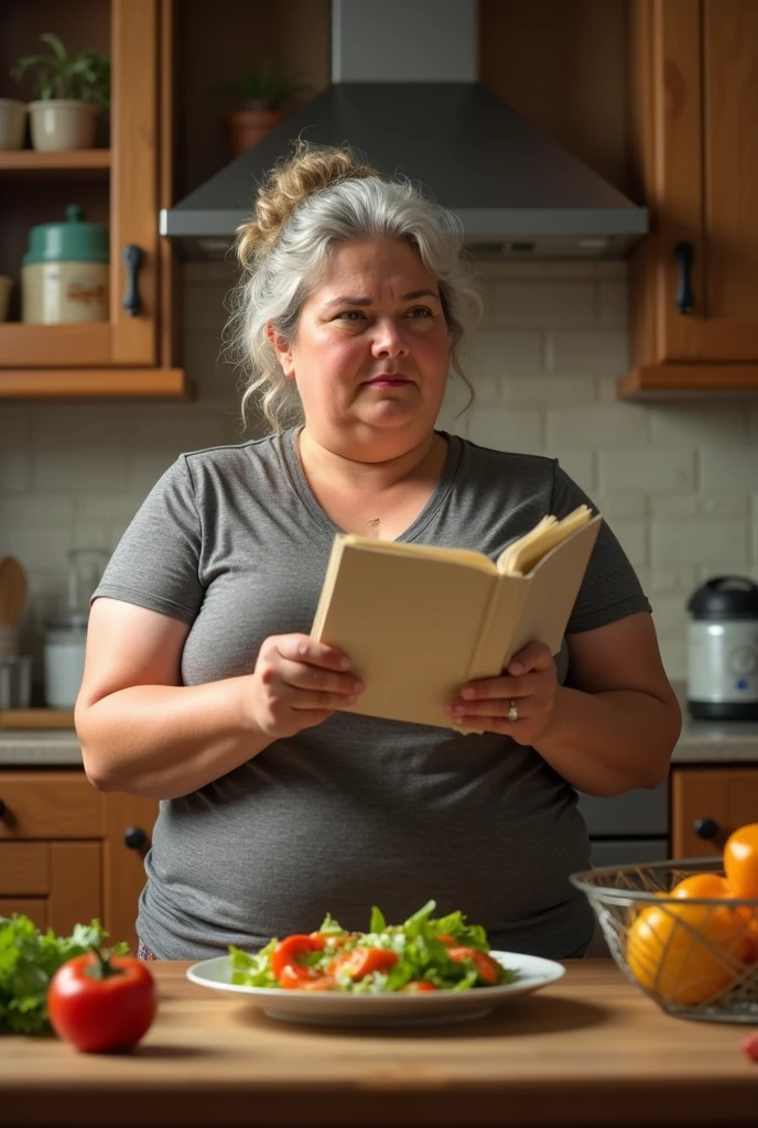 Ultra-realistic photography of a discouraged, obese woman trying diets, visibly frustrated.