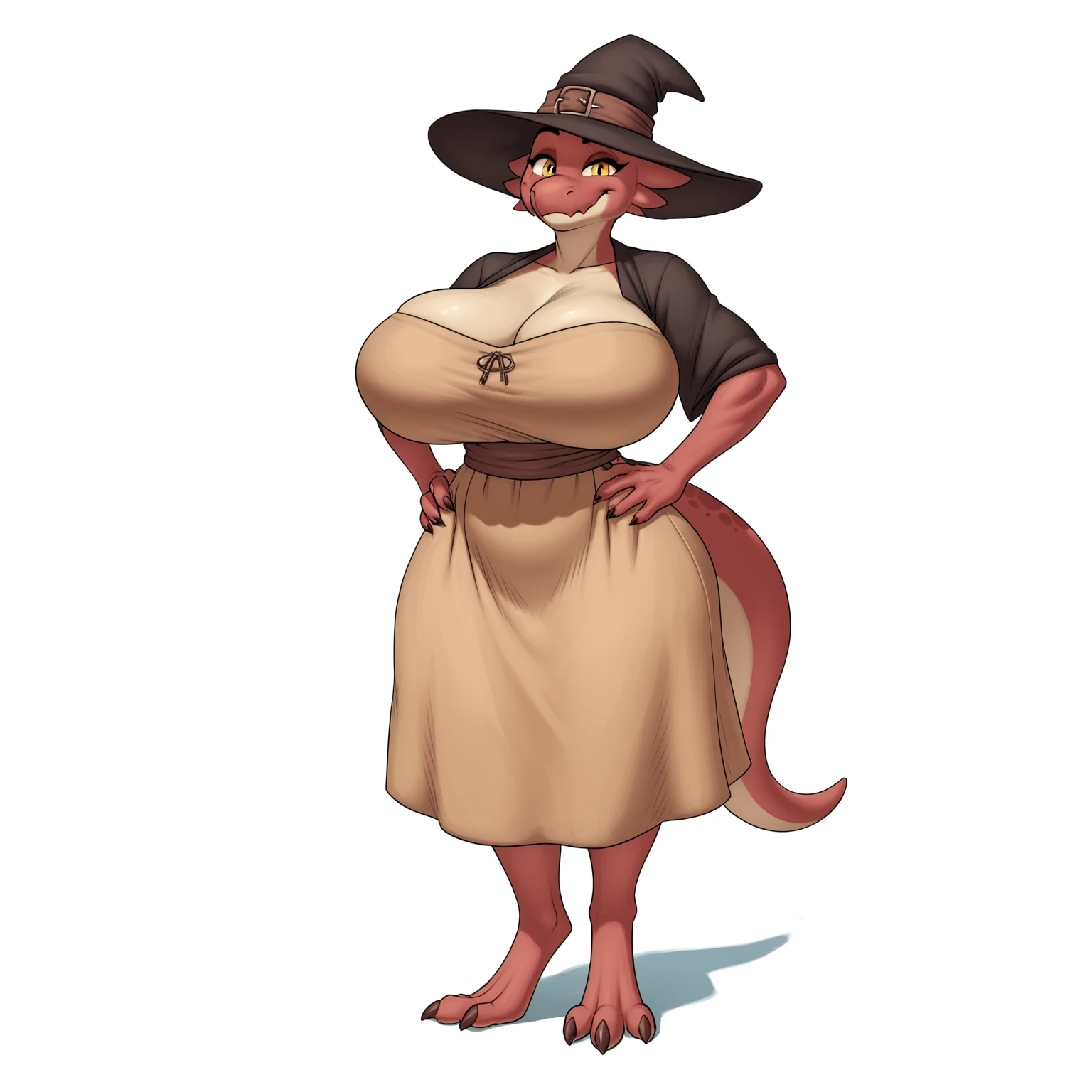 Furry  female  oc elderly , red body , Huge Breasts , shortstack ,medieval Clothes ,Full body ,Vixon s Pony Toon Styles