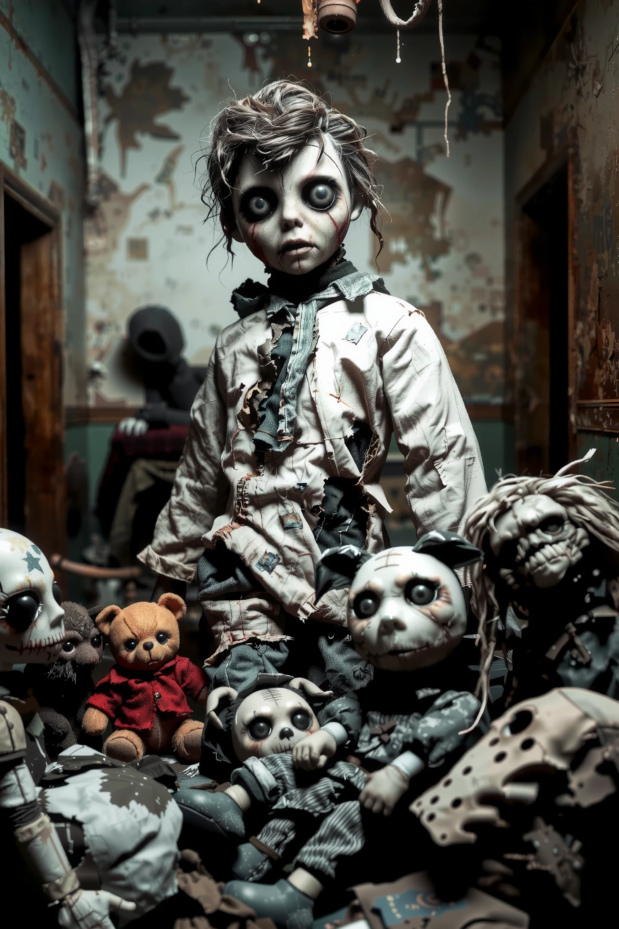 Old lonely bedroom. Walls falling apart. Filthy run down room with toys. One large sad, creepy, morbid, disgusting rag of a doll lays on the filthy floor. Patches of dark hair on its head. Its torn, dirty fabric body comes apart at the seams. Its large vacant eyrs stare into oblovion. Several smaller stuffed animals stand around the large doll, attempting to help it or revive it back to health, their faces sad and concerned. Iconic scene. Macabre. Demonic, creepy doll. Iconic images. Most depressing scenes ever. Photo-realistic, ultra-detailed, realism, portrait photography,cinematic portrait, cinematic photography, UHDR, full focus, highest quality, cinematic lighting, attention to detail,optical illusions, unique, avant garde, cinematography, best quality, masterpiece.