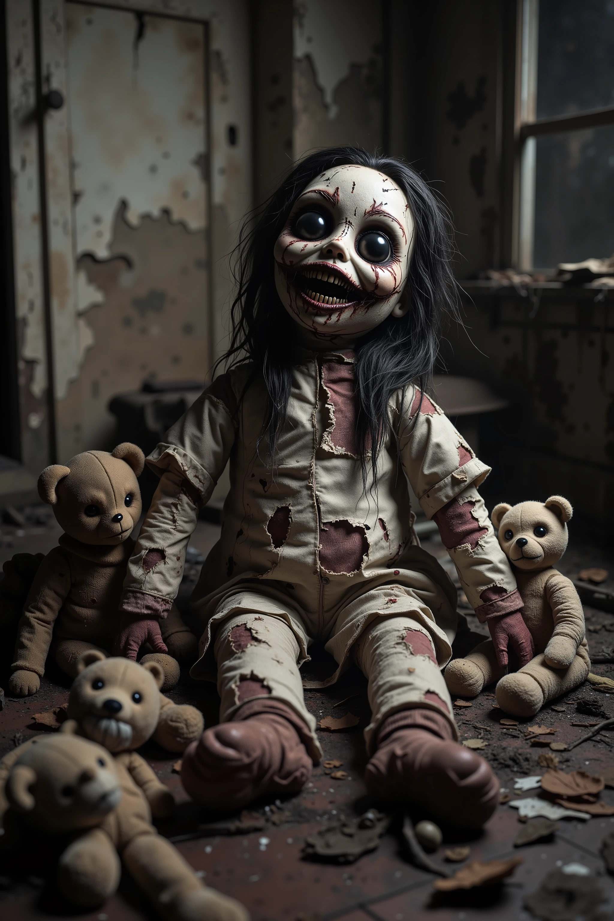 Old lonely bedroom. Walls falling apart. Filthy run down room with toys. One large sad, creepy, morbid, disgusting rag of a doll lays on the filthy floor. Patches of dark hair on its head. Its torn, dirty fabric body comes apart at the seams. Its large vacant eyrs stare into oblovion. Several smaller stuffed animals stand around the large doll, attempting to help it or revive it back to health, their faces sad and concerned. Iconic scene. Macabre. Demonic, creepy doll. Iconic images. Most depressing scenes ever. Photo-realistic, ultra-detailed, realism, portrait photography,cinematic portrait, cinematic photography, UHDR, full focus, highest quality, cinematic lighting, attention to detail,optical illusions, unique, avant garde, cinematography, best quality, masterpiece.