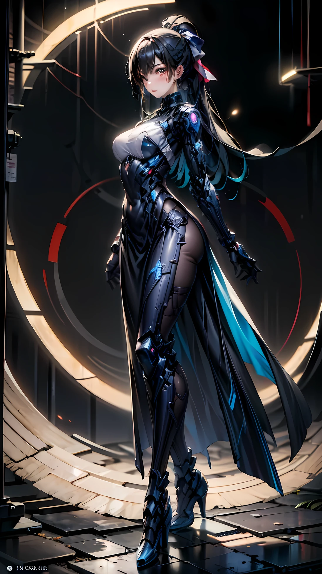 sparkle, cinematic lighting, UHD, (best quality:1.2), high quality, high details, ((anatomically correct)), textured skin, super detail, accurate, Cyberspace, SF, spectacle, independent woman, loneliness, sadness, high-performance costume, Beautiful legs, high heels, Metal suit that follows the contours of her body, long ponytail, ribbon