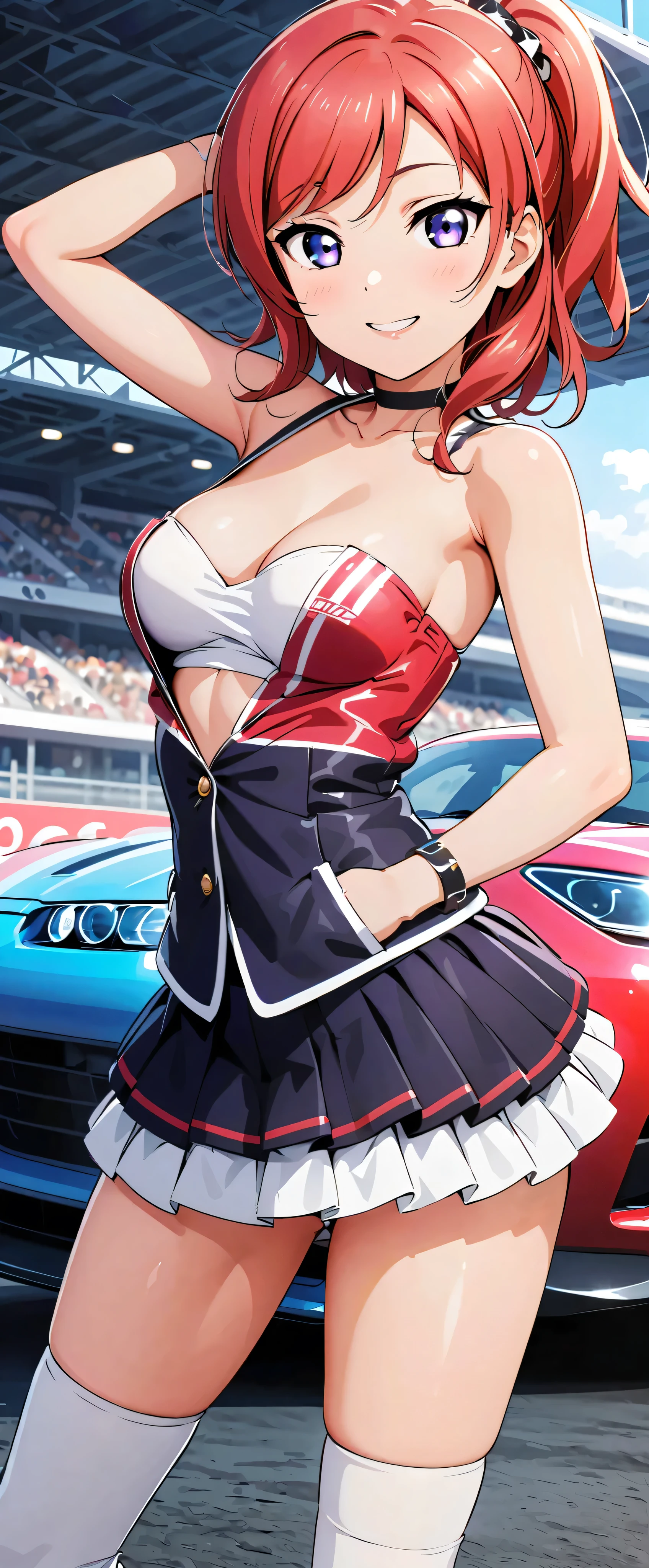 best quality , Ultra high resolution, One person, small breasts , black choker , smile, exposes shoulders, focus only , Audience ,Fair skin,Car racing track, photon mapping, physically-based rendering , RAW photos , very detailed background , K-pop Idol , is written in depth, hair ornament, detailed face, glowing skin, game cg,whole body, shiny micro mini skirt,shiny micro tube top, Shiny Long Boots , race queen,Medium breast, Sexy Poses, sports car,Hold a jacket in your hand ,Gloss Lip
