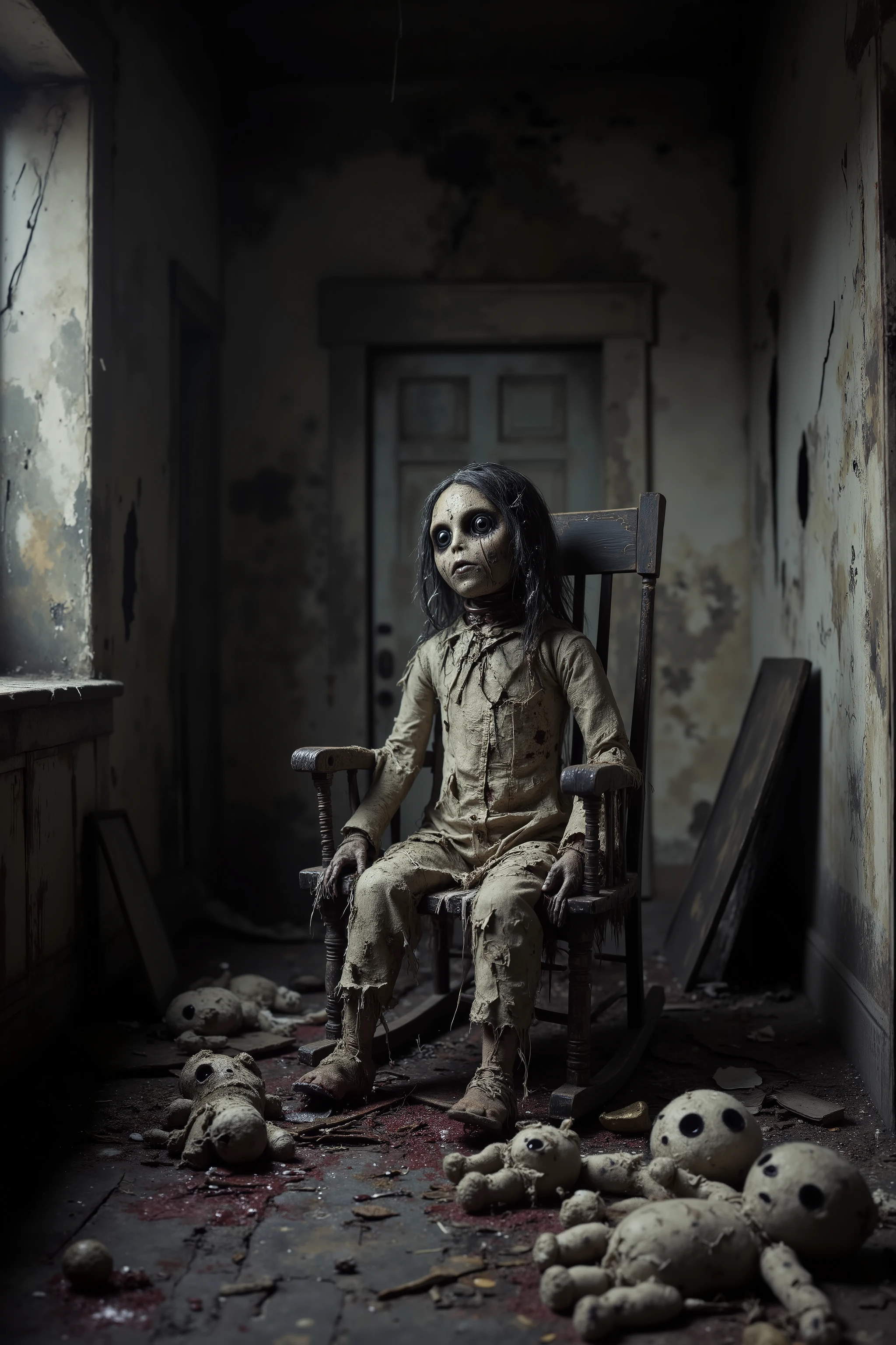 Old lonely bedroom. Walls falling apart. Filthy run down room with toys. One large sad, creepy, morbid, disgusting rag of a doll sitting in a rocking chair. Patches of dark hair on it's head. Torn, dirty fabric body coming apart at the seams. Large evil eyes stare into oblivion. Smaller stuffed animals lay in tattered pieces all over the dirty floor, their eyes vacant and their faces sad. Iconic scene. Macabre. Demonic, creepy doll. Iconic images. Most depressing scenes ever. Photo-realistic, ultra-detailed, realism, portrait photography,cinematic portrait, cinematic photography, UHDR, full focus, highest quality, cinematic lighting, attention to detail,optical illusions, unique, avant garde, cinematography, best quality, masterpiece.