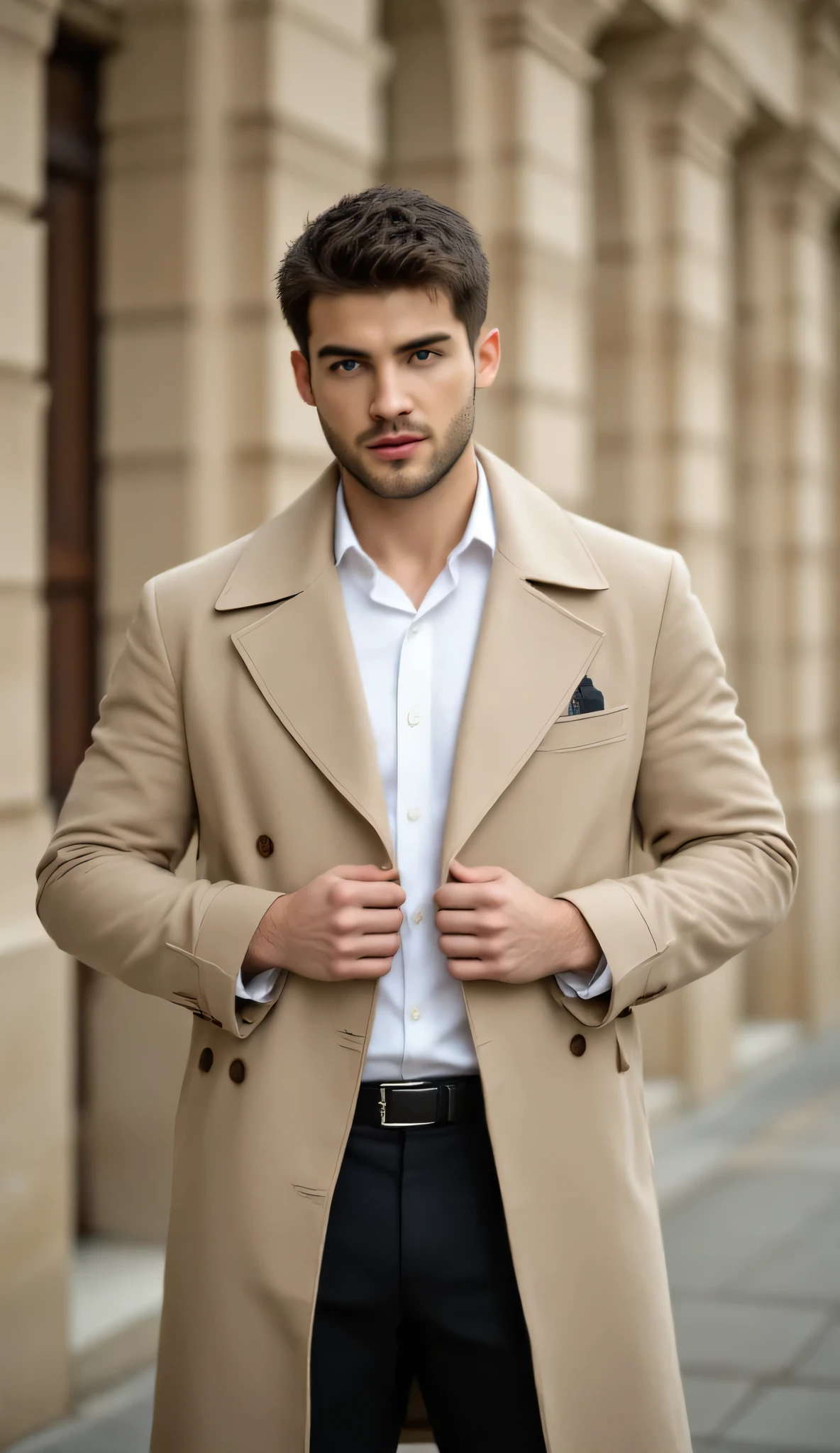 A stylish urban portrait of a man wearing a beige trench coat over a white shirt and dark trousers, adjusting the buttons with a confident pose, set against a backdrop of classical beige stone architecture,  detailed, with soft natural light and a shallow depth of field, photorealistic style, ultra high-definition