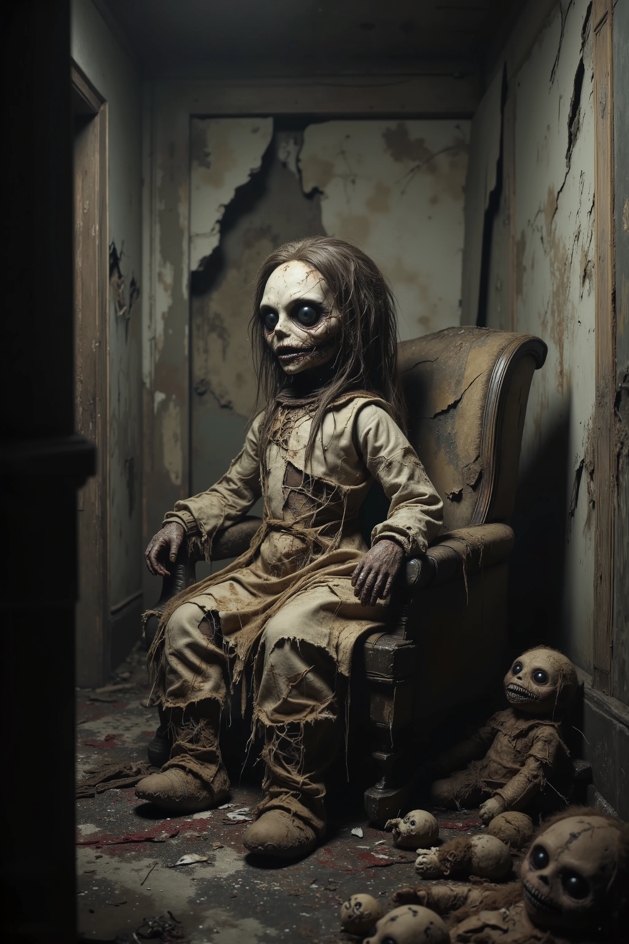 Old lonely bedroom. Walls falling apart. Filthy run down room with toys. One large sad, creepy, morbid, disgusting rag of a doll sitting in a rocking chair. Patches of dark hair on it's head. Torn, dirty fabric body coming apart at the seams. Large evil eyes stare into oblivion. Smaller stuffed animals lay in tattered pieces all over the dirty floor, their eyes vacant and their faces sad. Iconic scene. Macabre. Demonic, creepy doll. Iconic images. Most depressing scenes ever. Photo-realistic, ultra-detailed, realism, portrait photography,cinematic portrait, cinematic photography, UHDR, full focus, highest quality, cinematic lighting, attention to detail,optical illusions, unique, avant garde, cinematography, best quality, masterpiece.