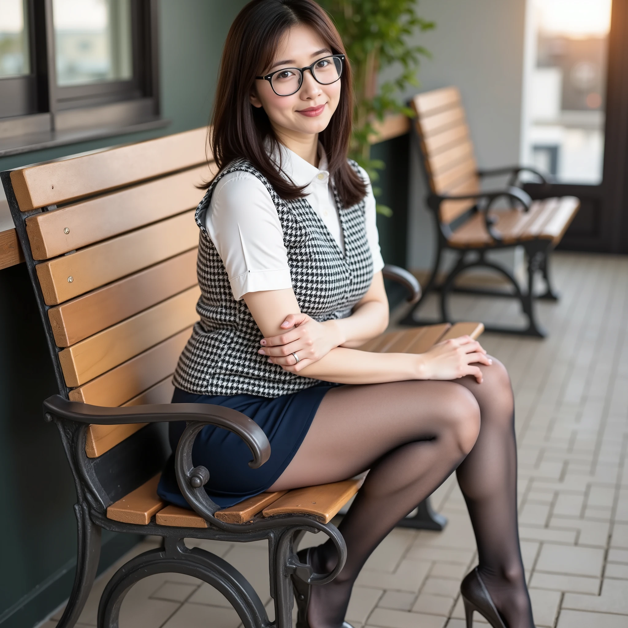 Ulchan-6500-v1.1, ( RAW photo:1.2), ( photorealistic), (Genuine:1.4), 1 girl 、 perfect anatomy、48 years old、 medium long hair、 ( high heels)、( business services )、 Quiet, Calm Woman Wearing a Checked Vest ., The most elegant long wave hairstyle :1.65, wear tight skirts , A little thick、( super realistic pantyhose:1.2), Nara Yoshitomo, , Japanese Goddesses , Wears glasses. , sexy girl, Otaku appearance, Otaku, shy gaze , (A very affectionate smile:1.2)、 (( full body shot :1.16))、 sits on a bench and seduces、 super realistic skin texture 、 shiny skin with s、 they are suffering , Bigger than her face、 Exposed Thighs !!!