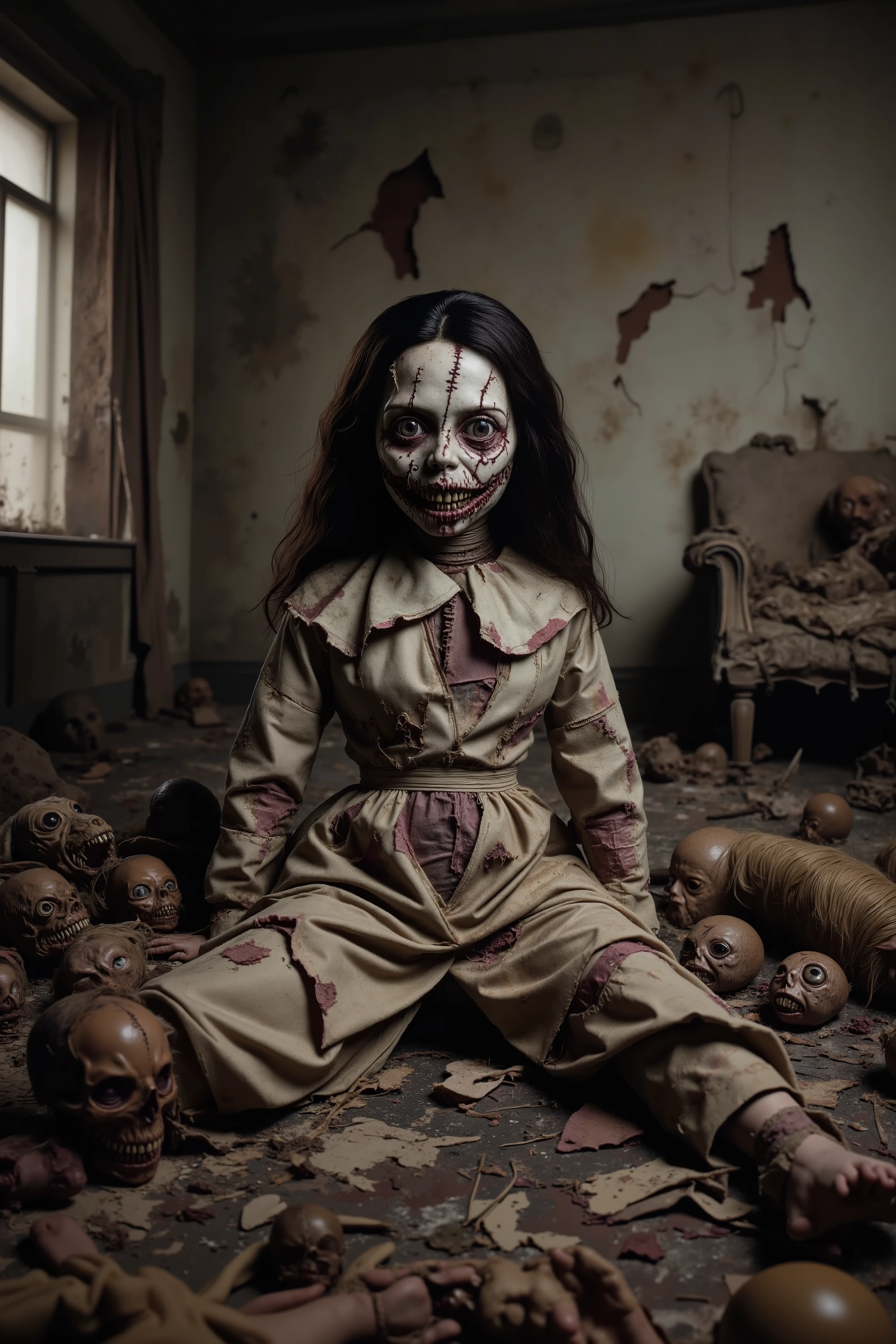 Old lonely bedroom. Walls falling apart. Filthy run down room with toys. One large sad, creepy, morbid, disgusting rag of a doll sitting in a chair. Patches of dark hair on it's head. Torn, dirty fabric, coming apart at the seams. Terrified smaller stuffed animals look around with fear. Startling scene. Horrific evil doll with devil eyes. Sad scene.Macabre. Demonic, creepy doll. Iconic images. Depressing scenes. Photo-realistic, ultra-detailed, realism, portrait photography,cinematic portrait, cinematic photography, UHDR, full focus, highest quality, cinematic lighting, attention to detail,optical illusions, unique, cinematography, best quality, masterpiece.