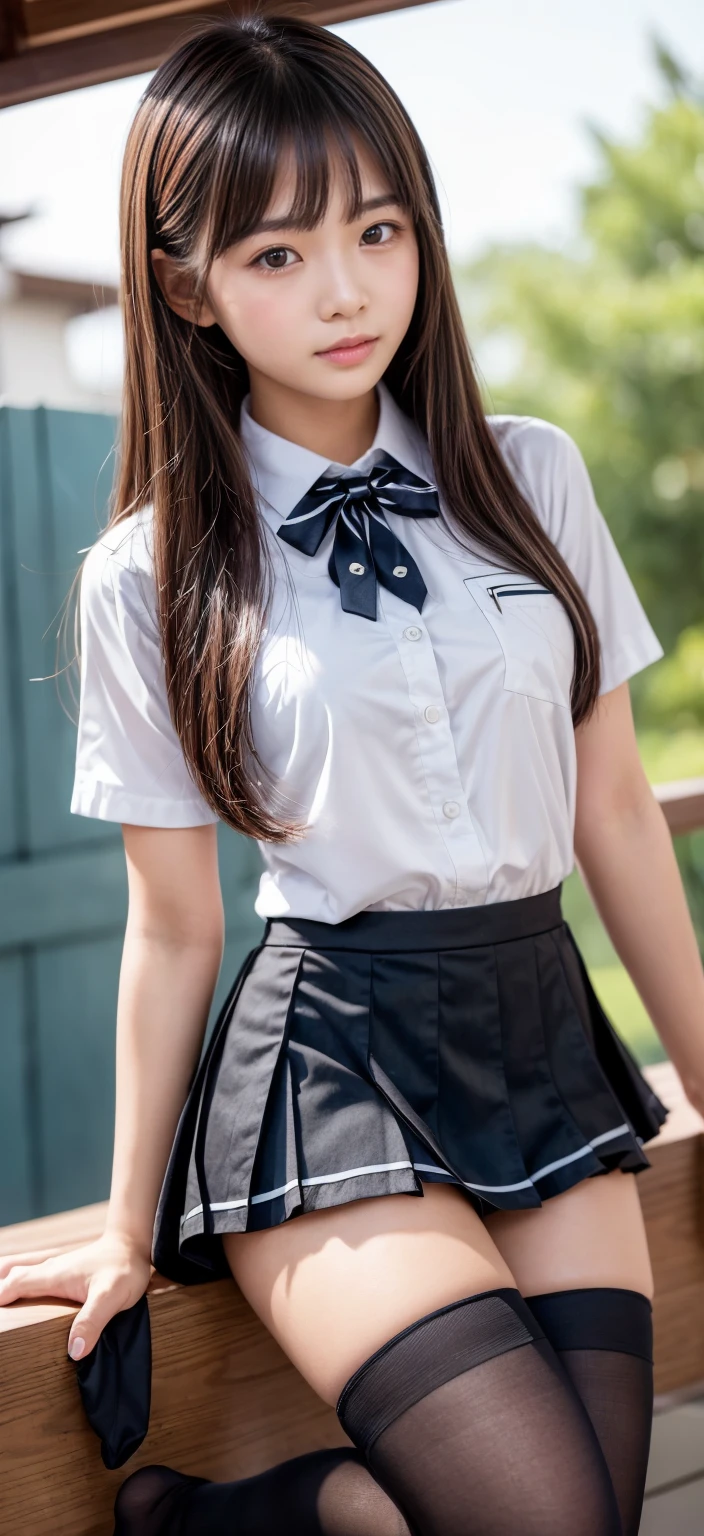 (8K, top quality, masterpiece: 1.2), (realistic, photorealistic: 1.2), sitting, (panty shot)))), (spreads your legs)))), solo, beautiful definition sky, night, wet, watching the viewer, (sit: 1.5), dating, future, (nose brush), smile, big breasts, fine beautiful eyes,), (dark blonde: 1), (short hair :1.1), Panty shot, Spread legs, Skirt, School uniform, White panties, Socks, Black hair, Shirt, Blurred, Blurred background, Knee-high, White shirt, Loafers, Realistic, Long hair, Lips, Brown eyes, Black socks, Tie, Pleated skirt, Bow, Headrest, Sideways, Outdoors, Brown footwear, Masterpiece, Best quality, Ultra detailed, ((((Panty Shot))), (((Spread your legs))),