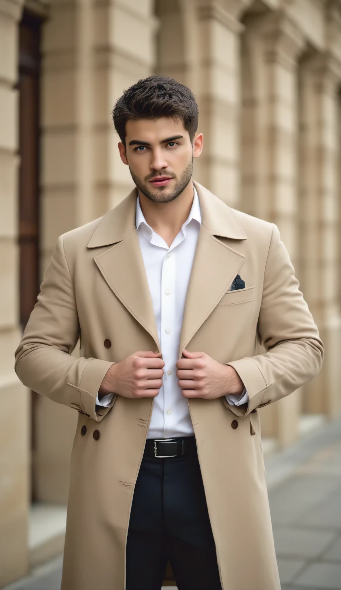 A stylish urban portrait of a man wearing a beige trench coat over a white shirt and dark trousers, adjusting the buttons with a confident pose, set against a backdrop of classical beige stone architecture,  detailed, with soft natural light and a shallow depth of field, photorealistic style, ultra high-definition
