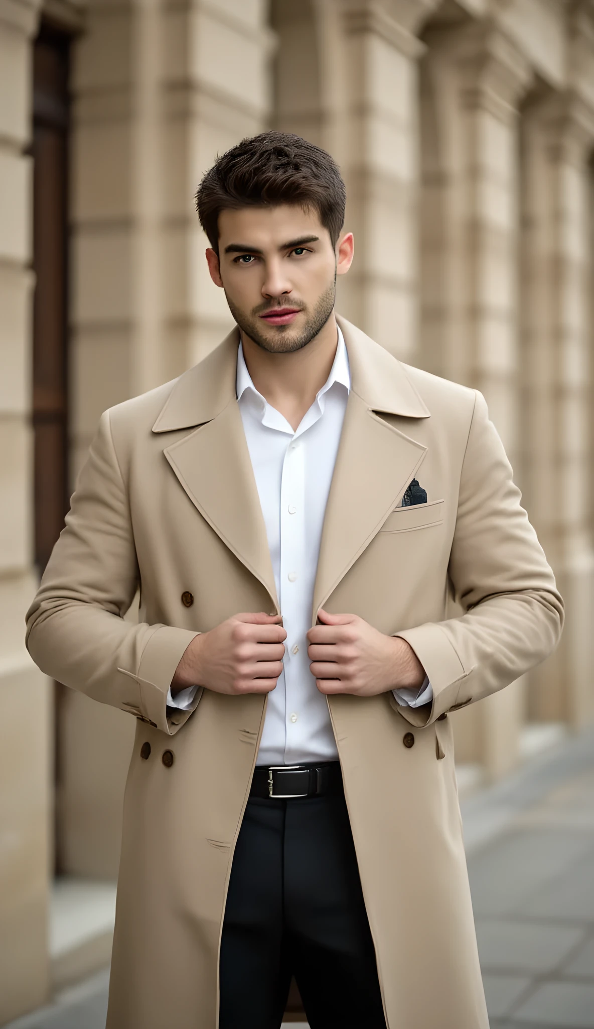 A stylish urban portrait of a man wearing a beige trench coat over a white shirt and dark trousers, adjusting the buttons with a confident pose, set against a backdrop of classical beige stone architecture, detailed, with soft natural light and a shallow depth of field, photorealistic style, ultra high-definition