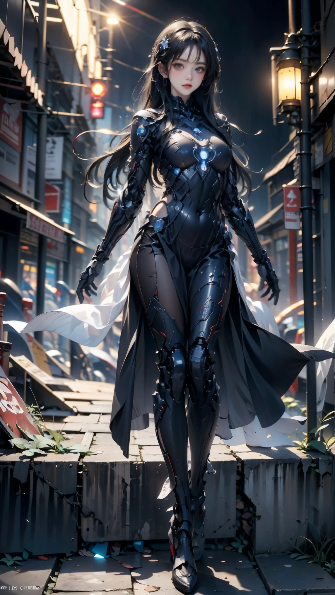 sparkle, cinematic lighting, UHD, (best quality:1.2), high quality, high details, ((anatomically correct)), textured skin, super detail, accurate, perfect detailed face, detailed eyes, Cyberspace, SF, spectacle, independent woman, loneliness, sadness, high-performance costume, Beautiful legs, high heels, Metal suit that follows the contours of her body, long ponytail, ribbon