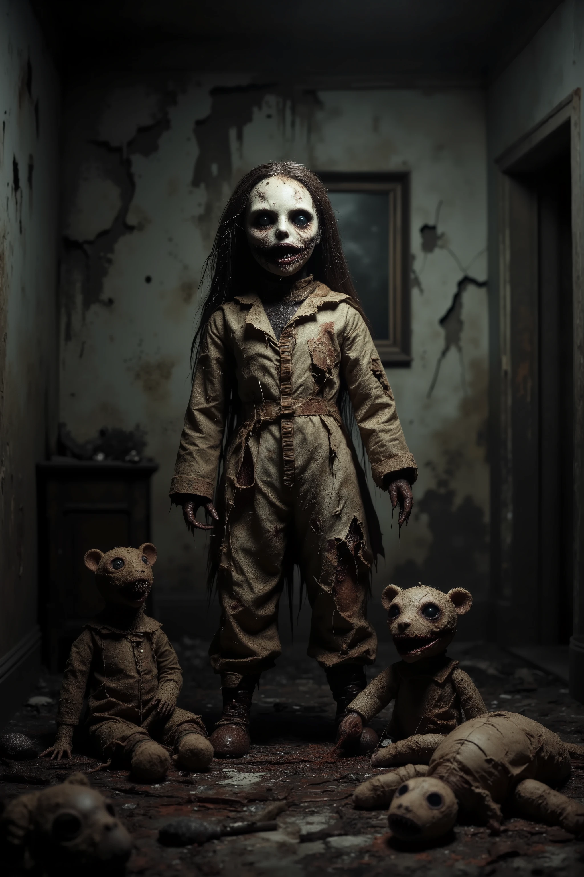 Old lonely bedroom. Walls falling apart. Filthy run down room with toys. One large sad, creepy, morbid, disgusting rag of a doll sitting in a chair. Patches of dark hair on it's head. Torn, dirty fabric, coming apart at the seams. Terrified smaller stuffed animals look around with fear. Startling scene. Horrific evil doll with devil eyes. Sad scene.Macabre. Demonic, creepy doll. Iconic images. Depressing scenes. Photo-realistic, ultra-detailed, realism, portrait photography,cinematic portrait, cinematic photography, UHDR, full focus, highest quality, cinematic lighting, attention to detail,optical illusions, unique, cinematography, best quality, masterpiece.