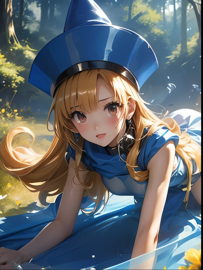 (((SFW、Accuracy、Highest quality、 A first-class masterpiece 、 Normal body 、8k、 detailed color 、 super precision 、 Normal Hands 、5See also、Highest)))、" Dragon Quest IV"、 Arena、arena、 Blonde、 STRAIGHT LONG HAIR、 short、 slender、Sheer transparent yellow transparent erotic dress with ripped open chest 、 transparent transparent yellow transparent miniskirt with torn underwear exposed、Ripped Blue Cloak 、 Tattered Blue Pointy Hat 、See-through transparent clothing with torn skin 、Navel exposed、Half naked、pinch、Anxious face、blush、cornered、 on all fours、rolled up howing off、 White Sexy Panties、The Fall of Slaves、 Chain Lead Slave Collar 、Sex slave、forest