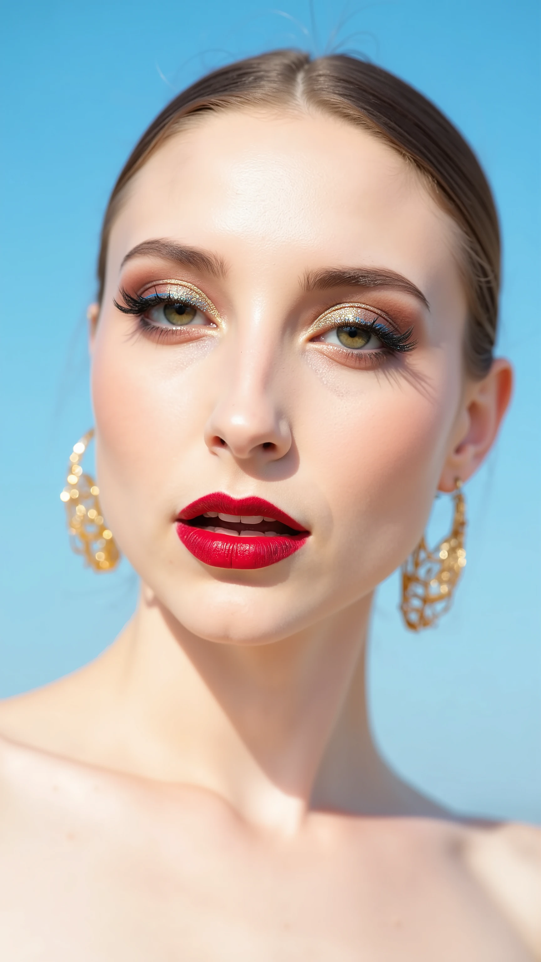 A hyper-detailed, avant-garde 3/4 shot photograph featuring a striking woman with pale light skin against a clear, light blue sky. Her nude high-angle mid shot highlights the smooth texture of her flawless complexion. Shimmering metallic eyeshadow enhances the depth of her piercing gaze, while her glossy, deep red lips create a bold contrast to her skin. Large, intricately detailed golden hoop earrings reflect light, contributing to her modern allure. She is fully naked The reflective surfaces of her earrings and outfit create a dynamic interplay with the environment, emphasizing her sleek presence. The minimalist background allows the viewer to focus on her eye-catching fashion and makeup. Captured with a Sony A7R IV camera and a 50mm f/1.2 G Master lens for a beauty editorial shoot, this composition highlights her fashion-forward aesthetic. Inspired by avant-garde fashion photography from Sølve Sundsbø, this image blends contemporary fashion and minimalist elegance, embodying mythp0rt and niji_flux styles for a sleek, high-fashion vision. ((glow_skin, iridescent skin, oily skin, portrait)). ((no logo))
