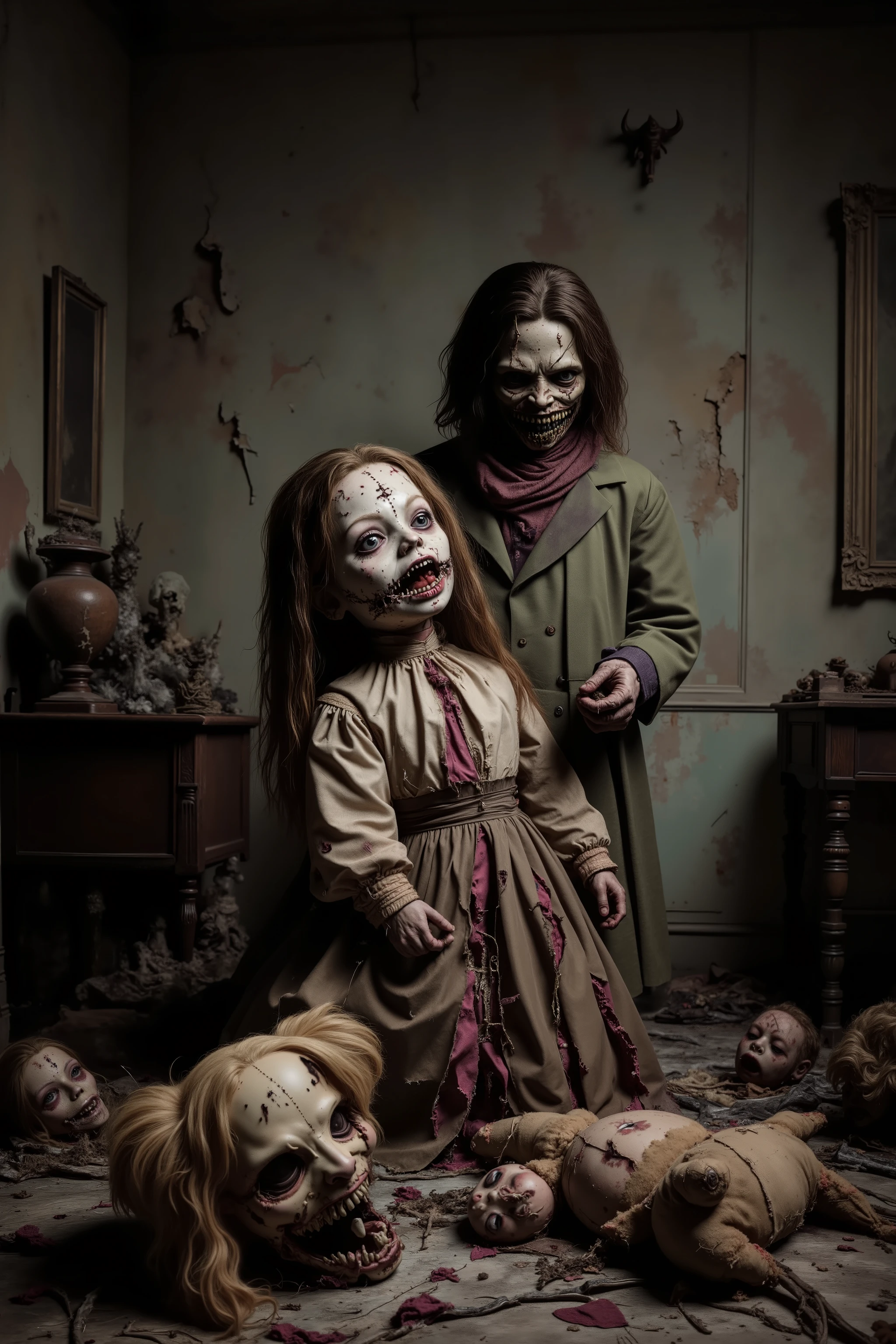 Old lonely bedroom. Walls falling apart. Filthy run down room with toys. One large sad, creepy, morbid, disgusting rag of a doll sitting in a chair. Patches of dark hair on it's head. Torn, dirty fabric, coming apart at the seams. Terrified smaller stuffed animals look around with fear. Startling scene. Horrific evil doll with devil eyes. Sad scene.Macabre. Demonic, creepy doll. Iconic images. Depressing scenes. Photo-realistic, ultra-detailed, realism, portrait photography,cinematic portrait, cinematic photography, UHDR, full focus, highest quality, cinematic lighting, attention to detail,optical illusions, unique, cinematography, best quality, masterpiece.
