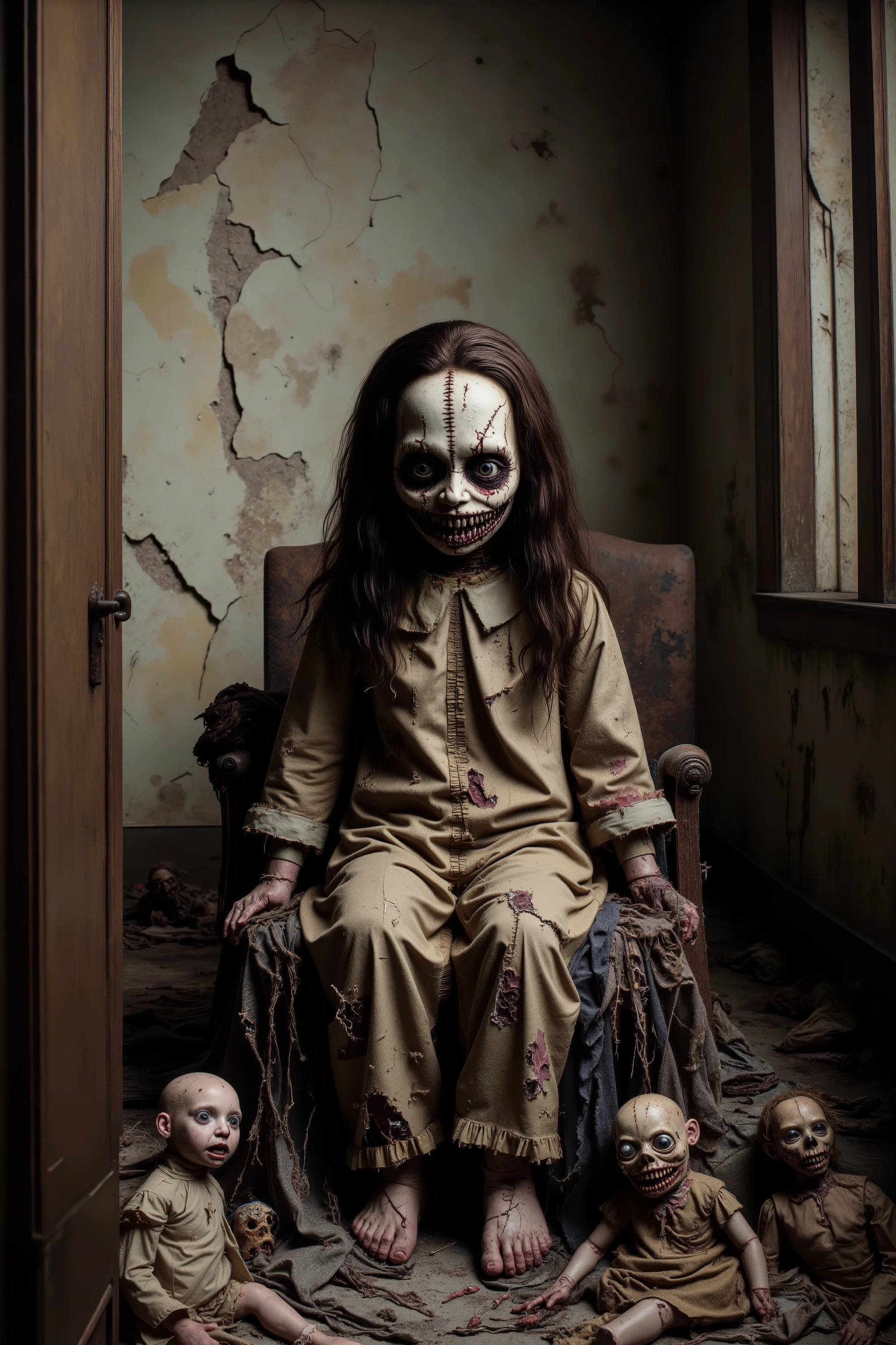 Old lonely bedroom. Walls falling apart. Filthy run down room with toys. One large sad, creepy, morbid, disgusting rag of a doll sitting in a chair. Patches of dark hair on it's head. Torn, dirty fabric, coming apart at the seams. Terrified smaller stuffed animals look around with fear. Startling scene. Horrific evil doll with devil eyes. Sad scene.Macabre. Demonic, creepy doll. Iconic images. Depressing scenes. Photo-realistic, ultra-detailed, realism, portrait photography,cinematic portrait, cinematic photography, UHDR, full focus, highest quality, cinematic lighting, attention to detail,optical illusions, unique, cinematography, best quality, masterpiece.