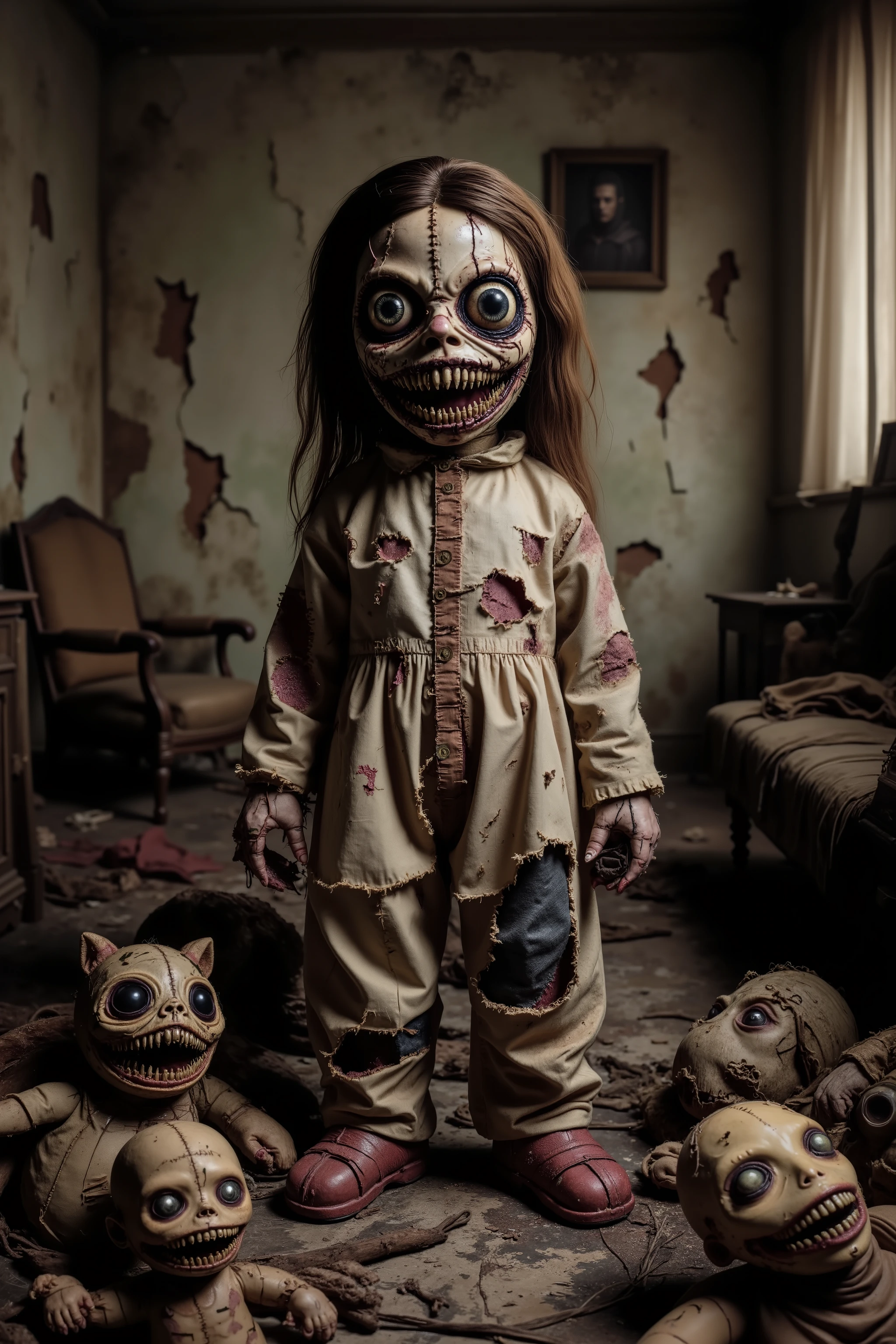 Old lonely bedroom. Walls falling apart. Filthy run down room with toys. One large sad, creepy, morbid, disgusting rag of a doll sitting in a chair. Patches of dark hair on it's head. Torn, dirty fabric, coming apart at the seams. Terrified smaller stuffed animals look around with fear. Startling scene. Horrific evil doll with devil eyes. Sad scene.Macabre. Demonic, creepy doll. Iconic images. Depressing scenes. Photo-realistic, ultra-detailed, realism, portrait photography,cinematic portrait, cinematic photography, UHDR, full focus, highest quality, cinematic lighting, attention to detail,optical illusions, unique, cinematography, best quality, masterpiece.