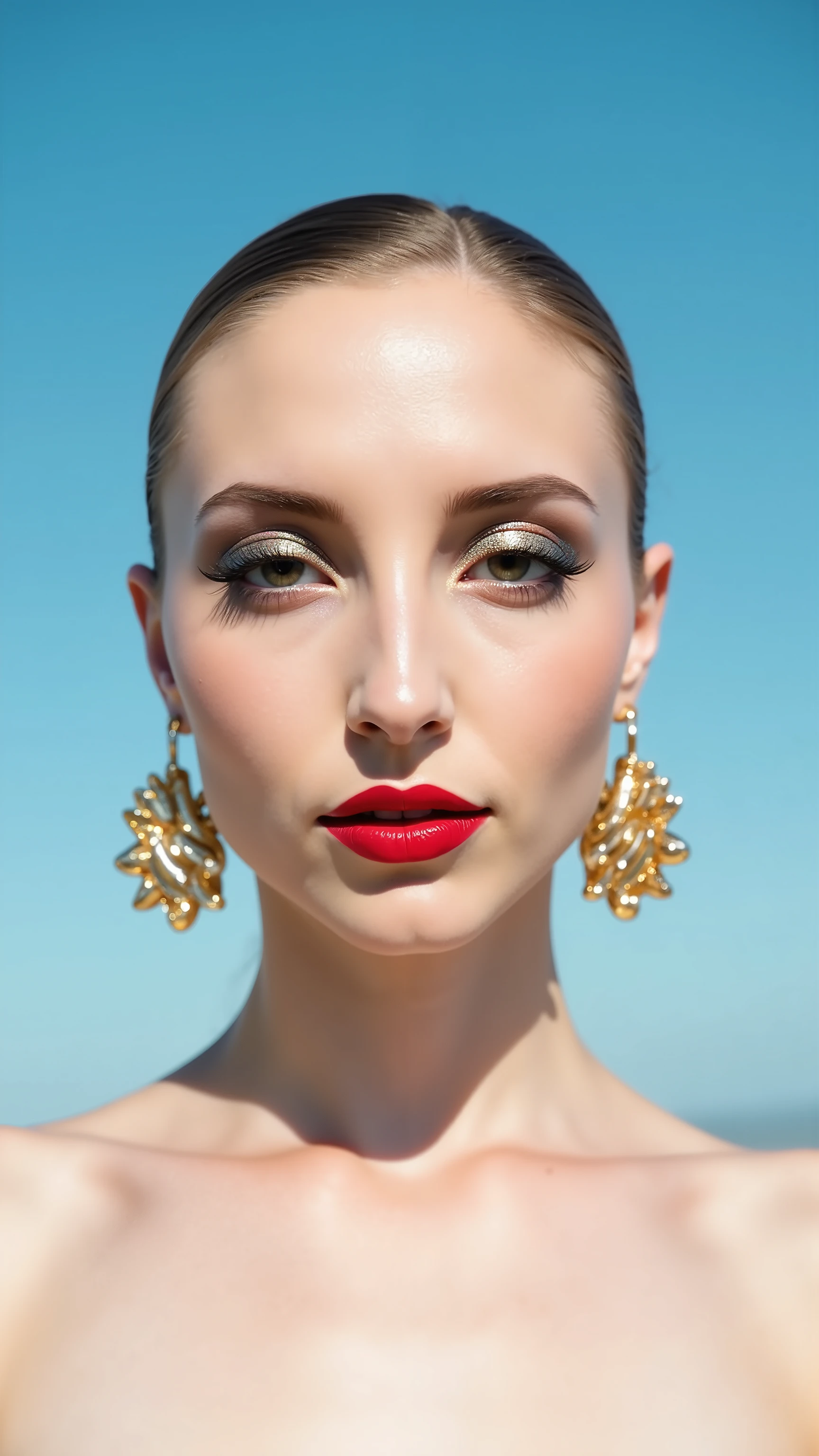 A hyper-detailed, avant-garde 3/4 shot photograph featuring a striking woman with pale light skin against a clear, light blue sky. Her nude high-angle mid shot highlights the smooth texture of her flawless complexion. Shimmering metallic eyeshadow enhances the depth of her piercing gaze, while her glossy, deep red lips create a bold contrast to her skin. Large, intricately detailed golden hoop earrings reflect light, contributing to her modern allure. She is fully naked The reflective surfaces of her earrings and outfit create a dynamic interplay with the environment, emphasizing her sleek presence. The minimalist background allows the viewer to focus on her eye-catching fashion and makeup. Captured with a Sony A7R IV camera and a 50mm f/1.2 G Master lens for a beauty editorial shoot, this composition highlights her fashion-forward aesthetic. Inspired by avant-garde fashion photography from Sølve Sundsbø, this image blends contemporary fashion and minimalist elegance, embodying mythp0rt and niji_flux styles for a sleek, high-fashion vision. ((glow_skin, iridescent skin, oily skin, portrait)). ((no logo))