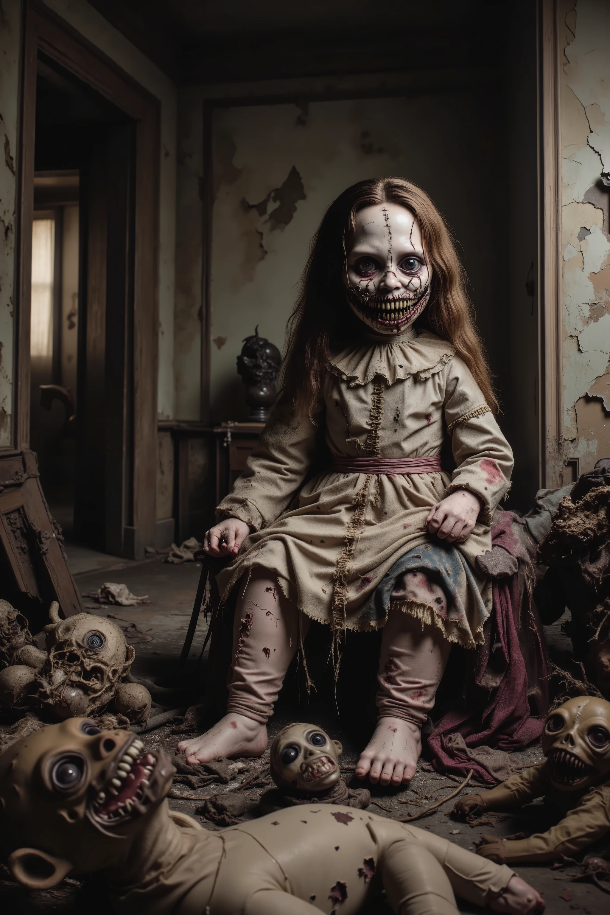 Old lonely bedroom. Walls falling apart. Filthy run down room with toys. One large sad, creepy, morbid, disgusting rag of a doll sitting in a chair. Patches of dark hair on it's head. Torn, dirty fabric, coming apart at the seams. Terrified smaller stuffed animals look around with fear. Startling scene. Horrific evil doll with devil eyes. Sad scene.Macabre. Demonic, creepy doll. Iconic images. Depressing scenes. Photo-realistic, ultra-detailed, realism, portrait photography,cinematic portrait, cinematic photography, UHDR, full focus, highest quality, cinematic lighting, attention to detail,optical illusions, unique, cinematography, best quality, masterpiece.