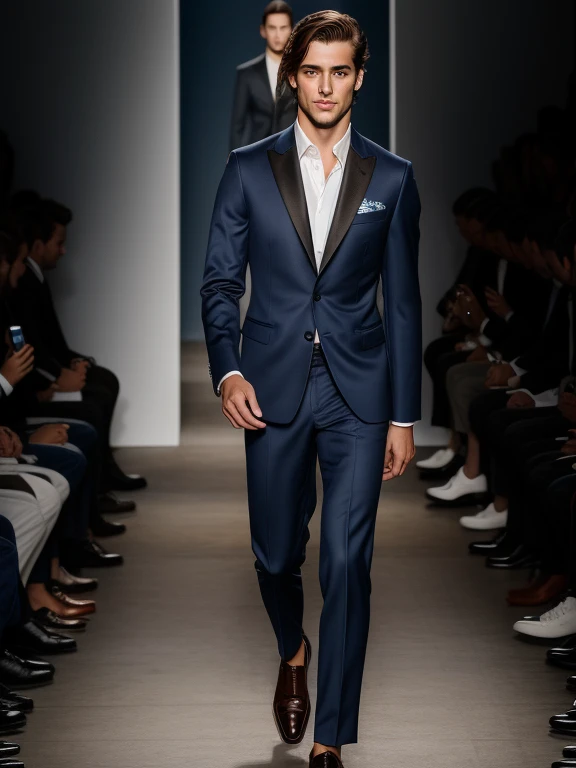 Full Body photorealistic handsome Hunky Jack Frost. Wearing colorful suit. model walking in the runway for fashion show super massive bulge